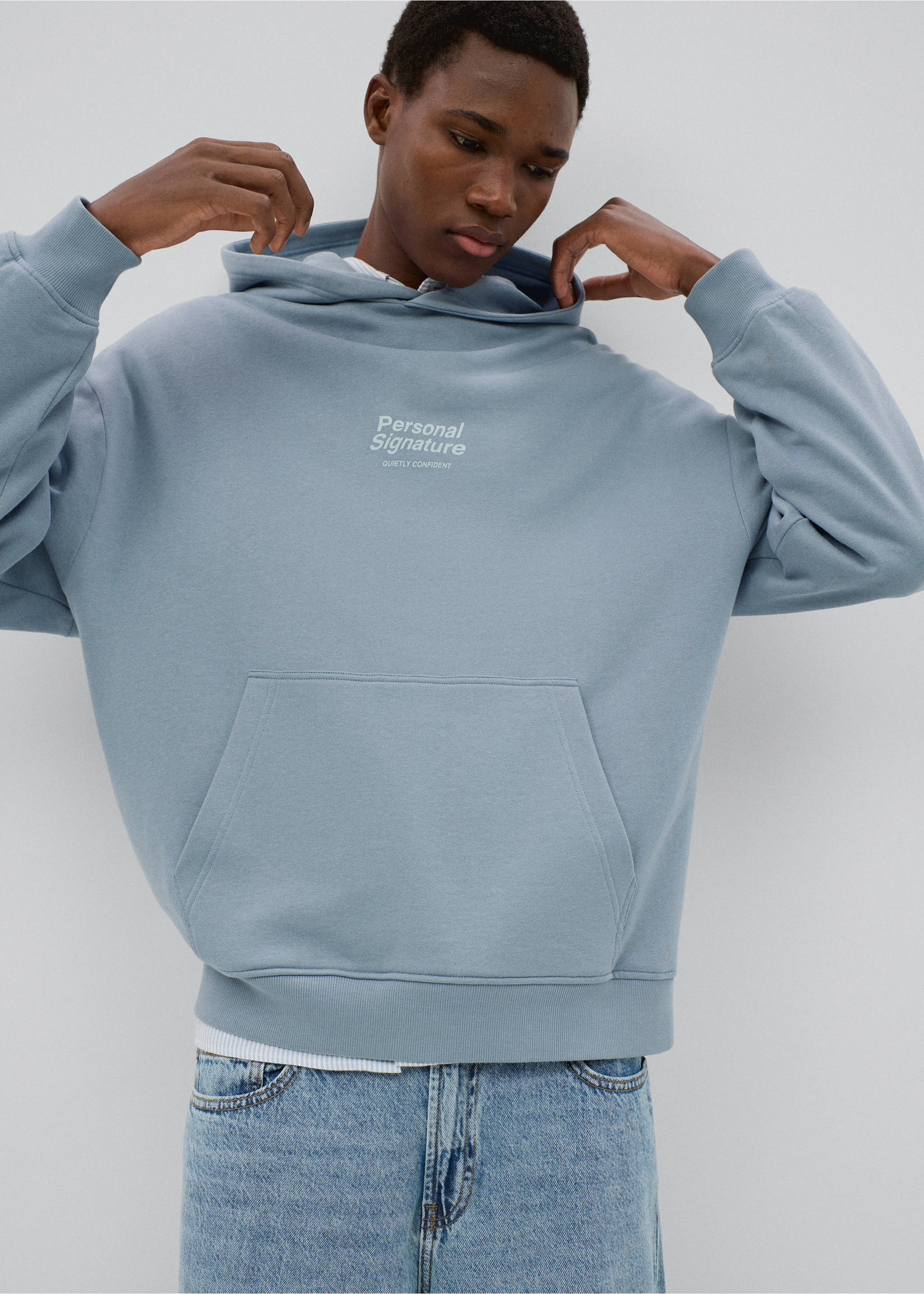 Cotton hooded sweatshirt with text print - Medium plane, Blue. Ref: 37056003-01.