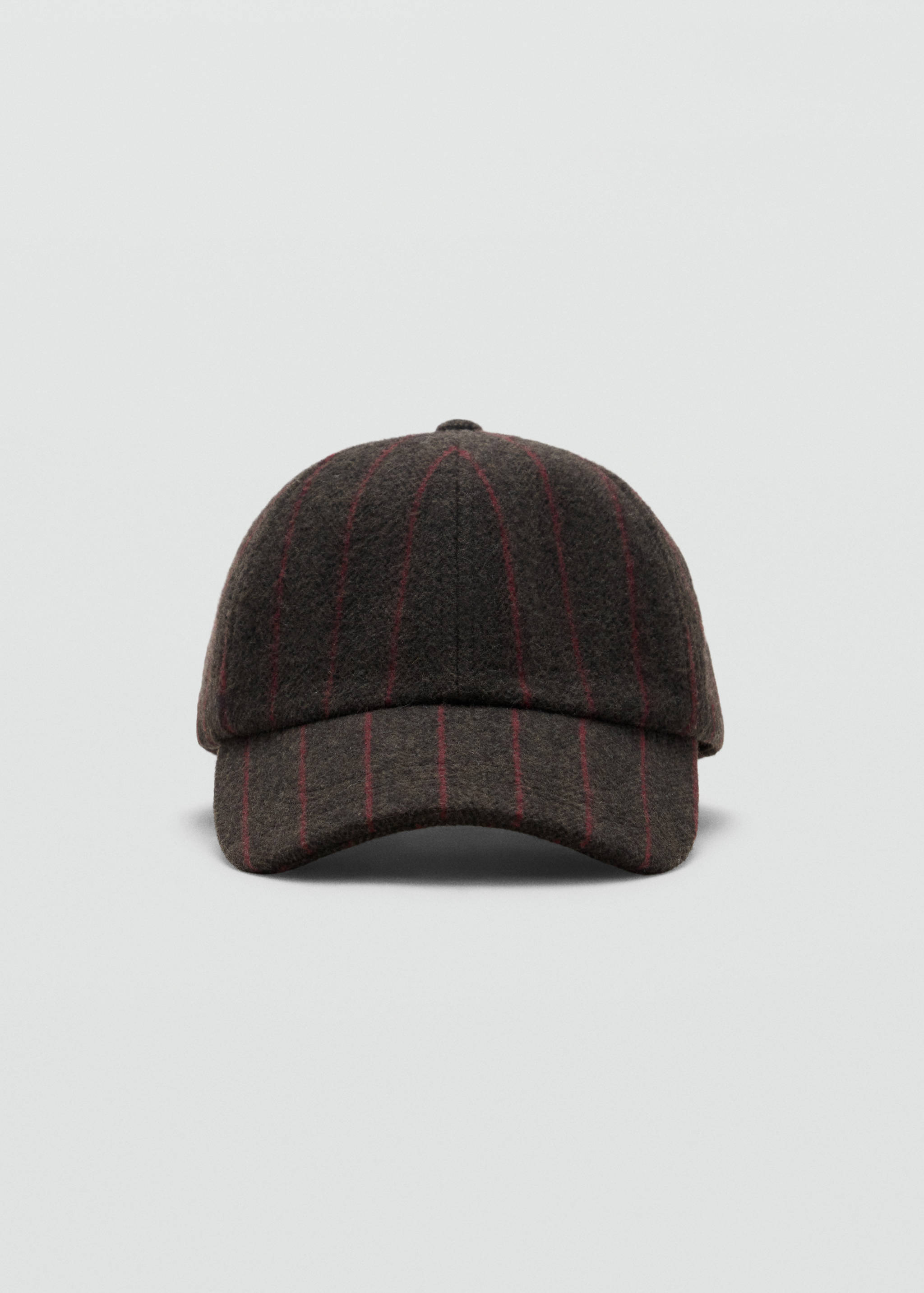 Dark brown cap with red pinstripes and a curved peak.