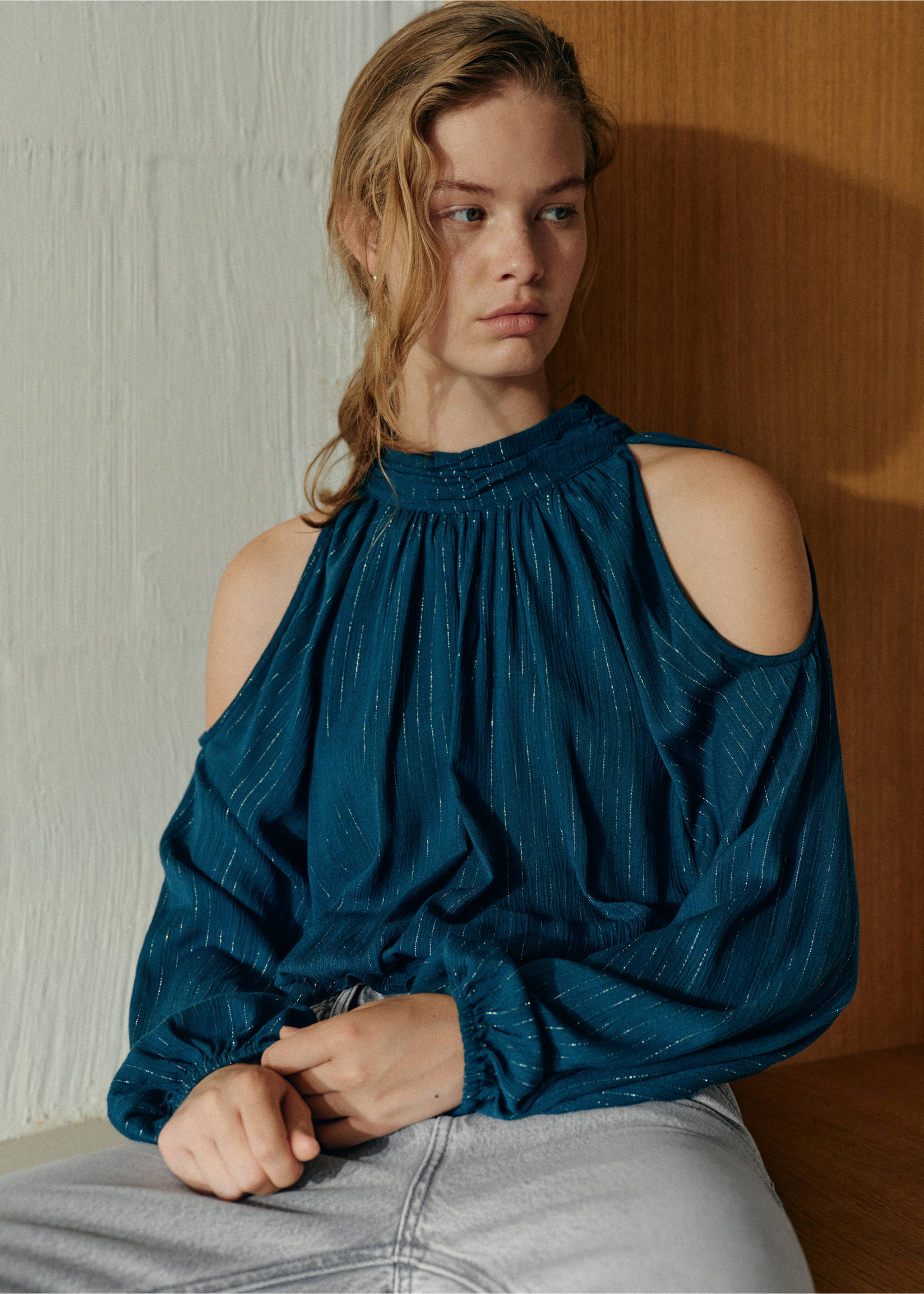 Halter blouse with metallic thread stripes - Medium plane, Petrol Blue. Ref: 37056341-00.
