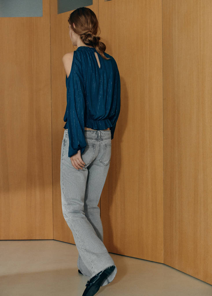 Halter blouse with metallic thread stripes — Petrol Blue