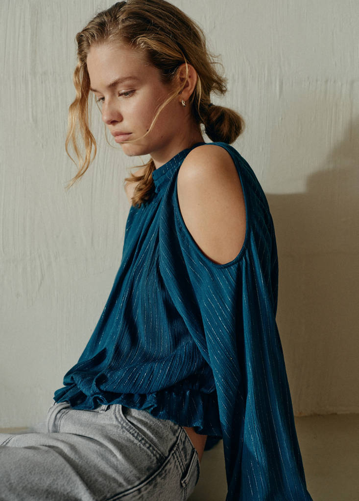 Halter blouse with metallic thread stripes — Petrol Blue
