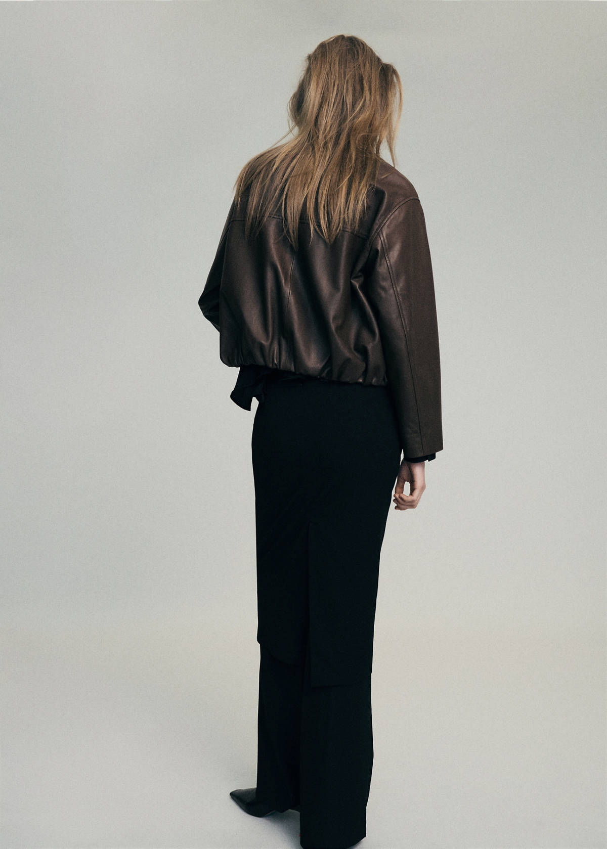 Leather jacket with strap collar — Brown