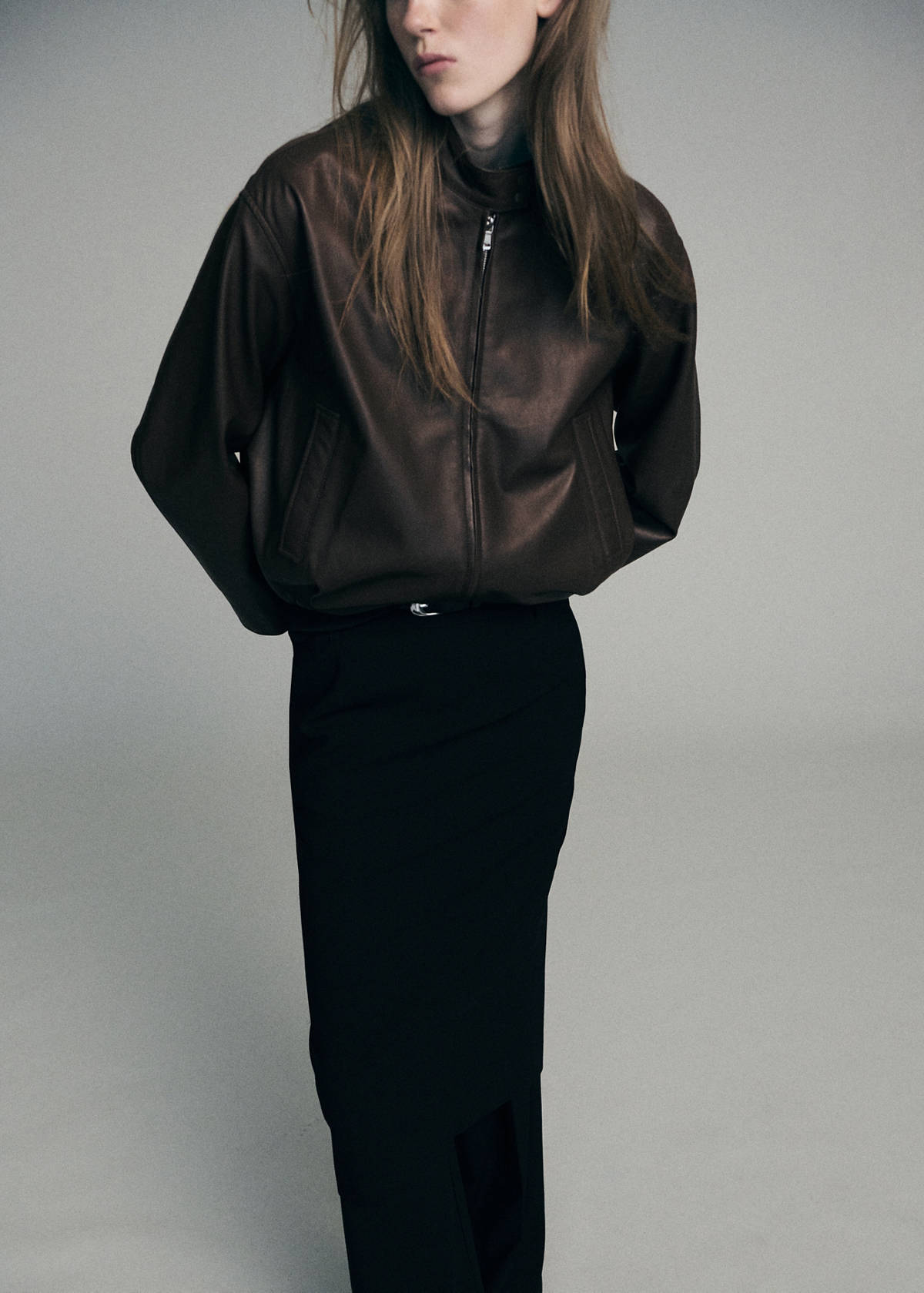 Leather jacket with strap collar — Brown