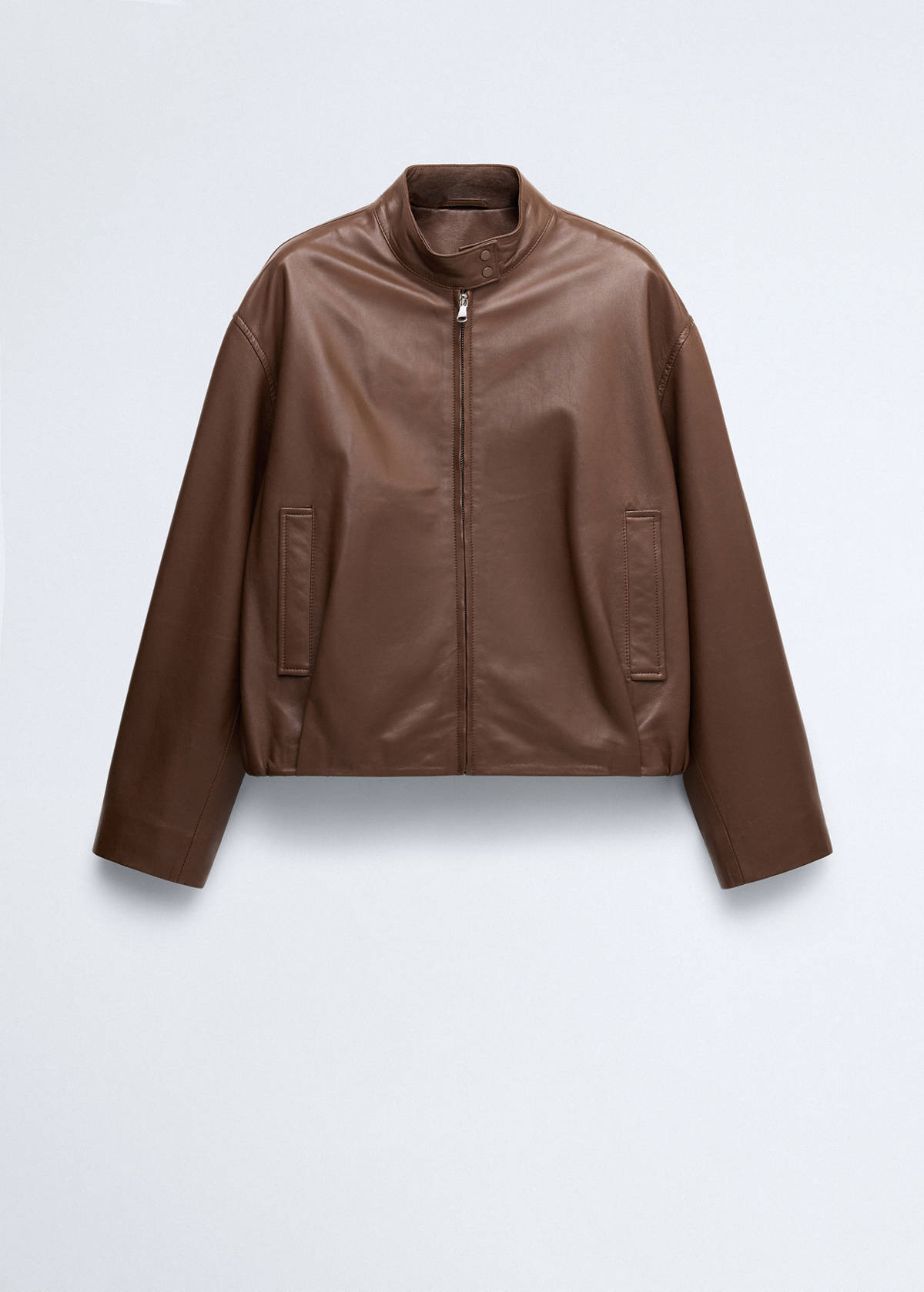 Leather jacket with strap collar — Brown