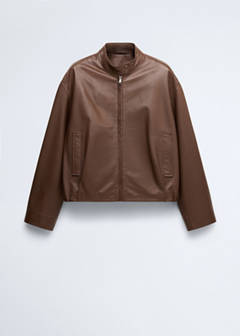 Leather jacket with strap collar — Brown 7