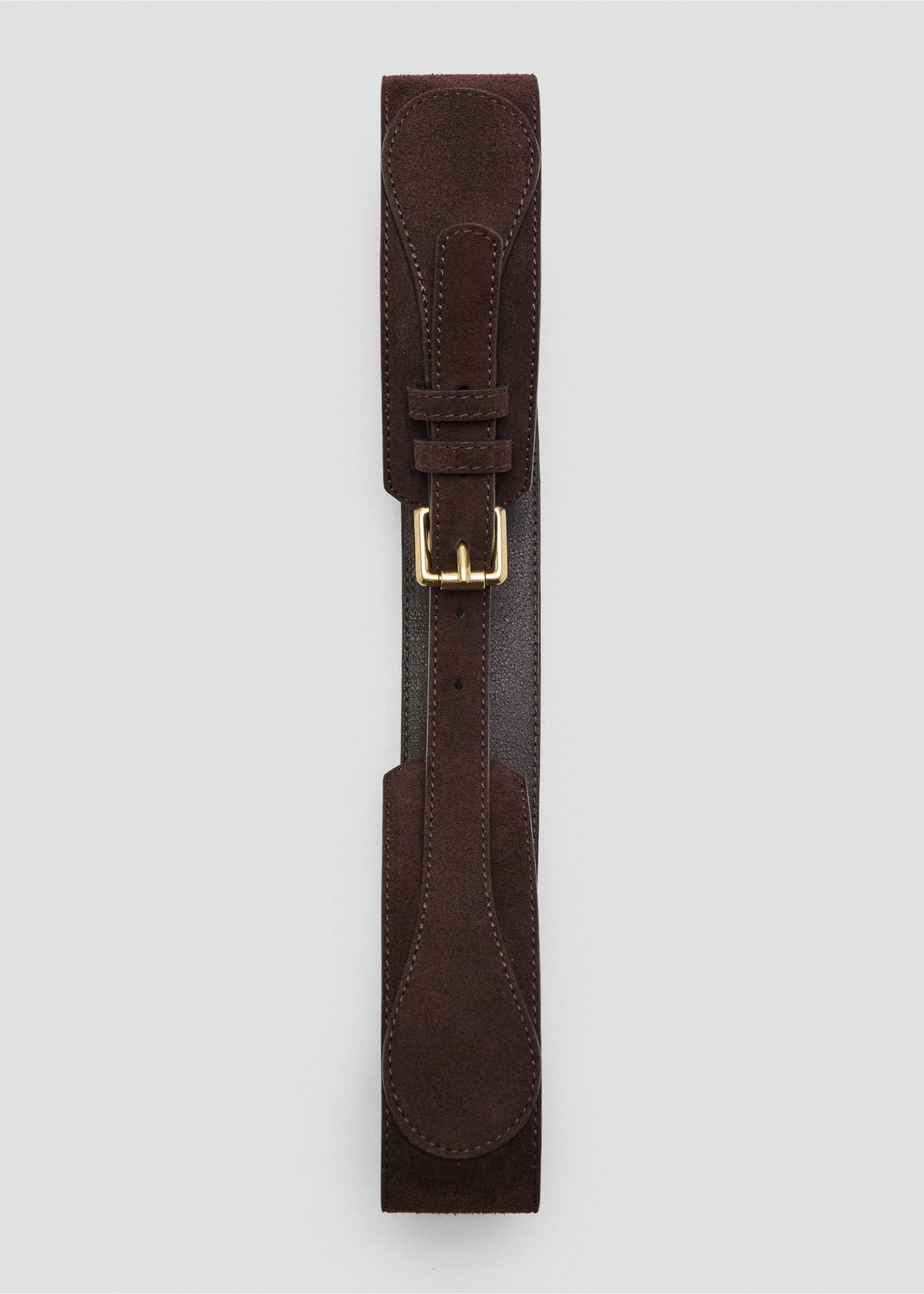 Wide wide faux-suede belt with metal buckle - Details of the article 2, Chocolate. Ref: 37056354-00.