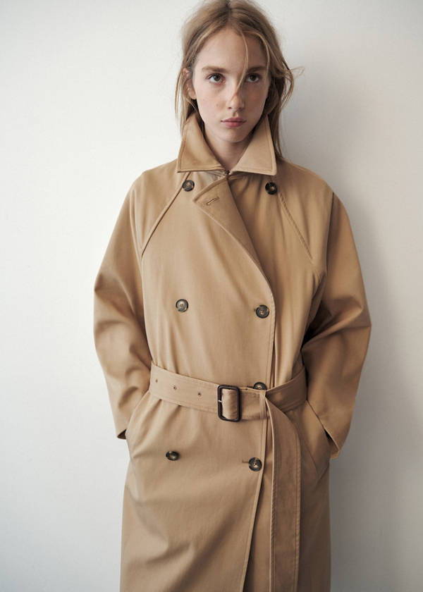 Cotton-lyocell blend trench coat with belt — Beige