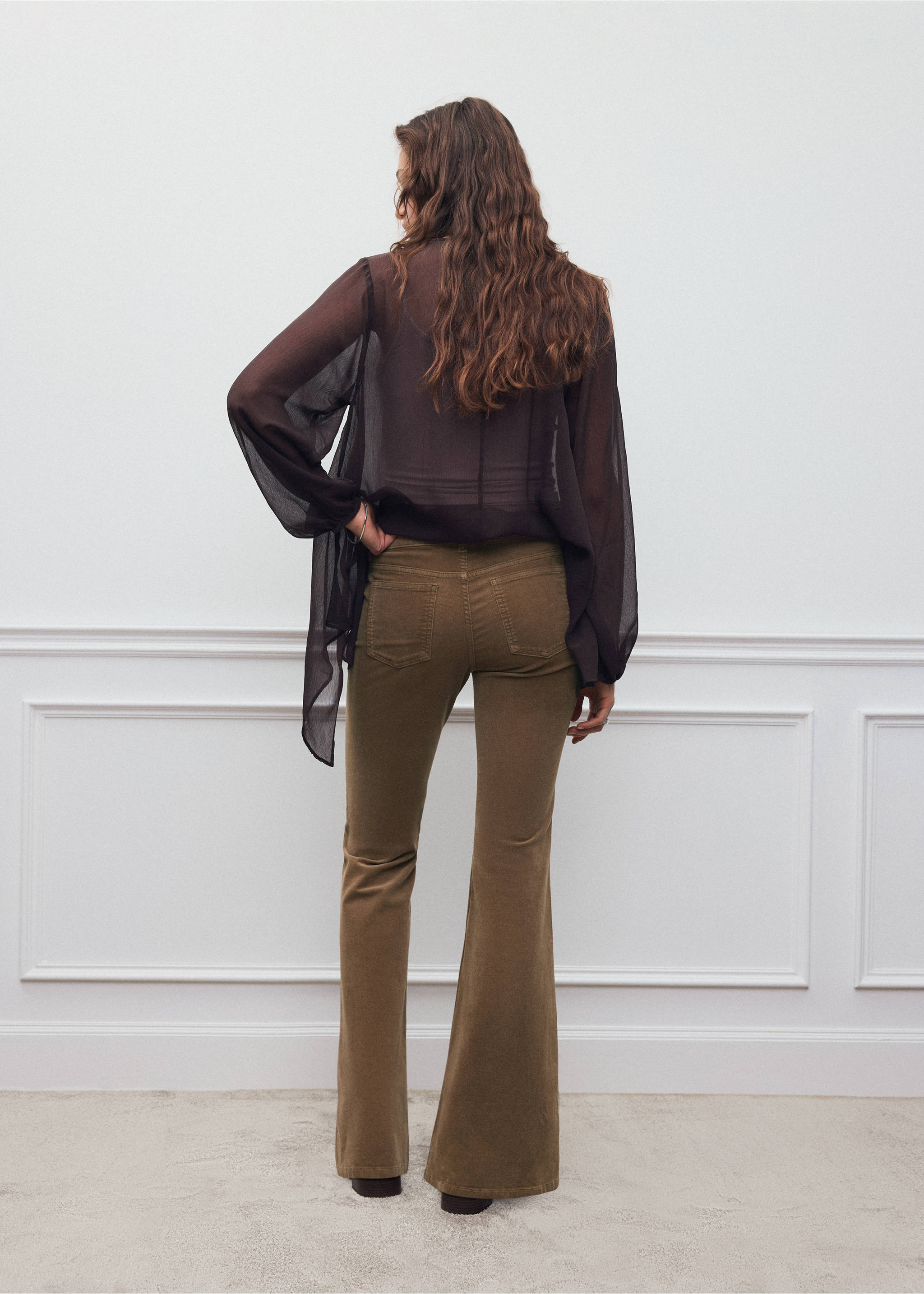 Olive green corduroy flare trousers, shown from the back., Medium Brown. Ref: 37056725-00.