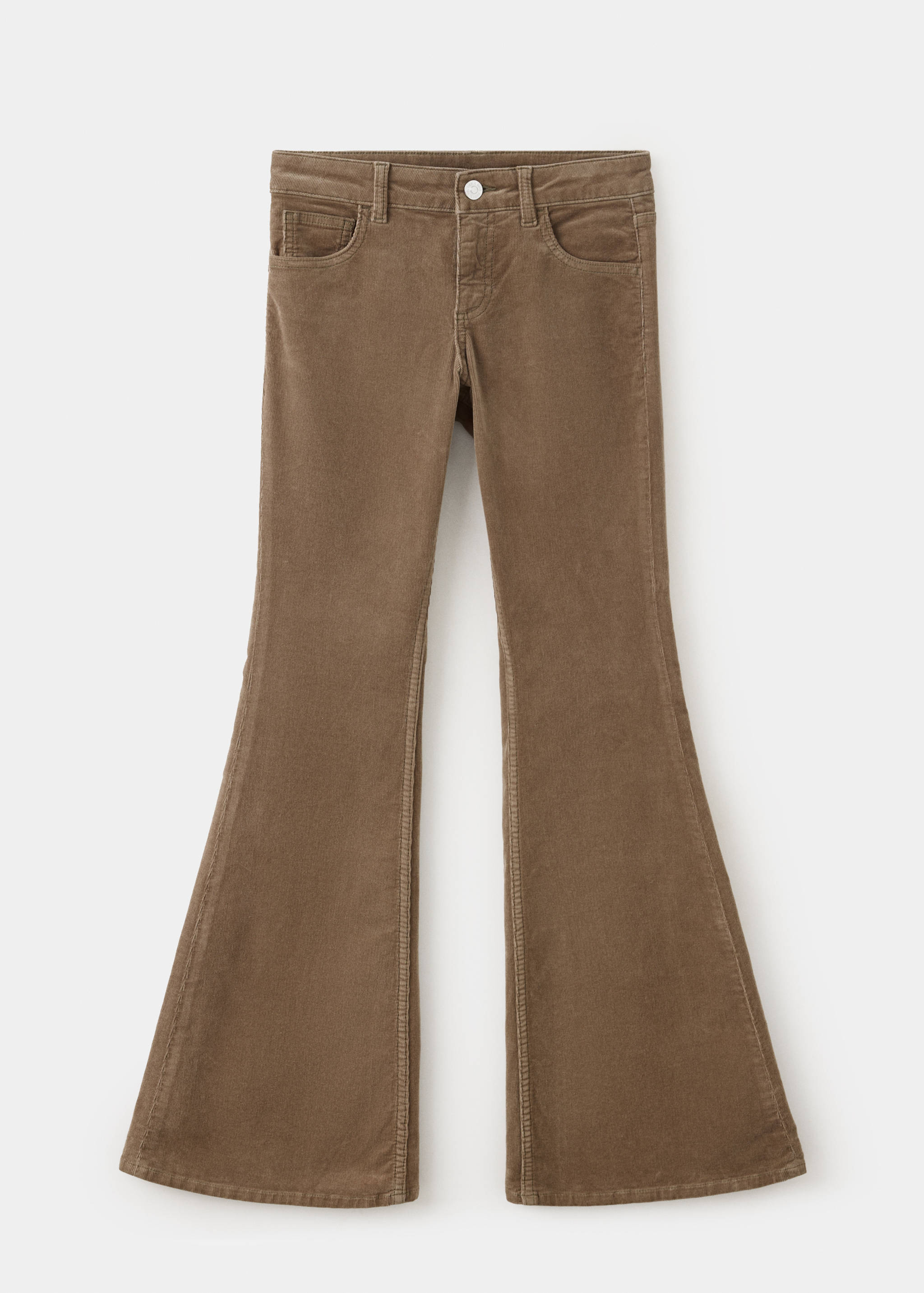 Brown corduroy flare trousers with belt loops and front pockets.