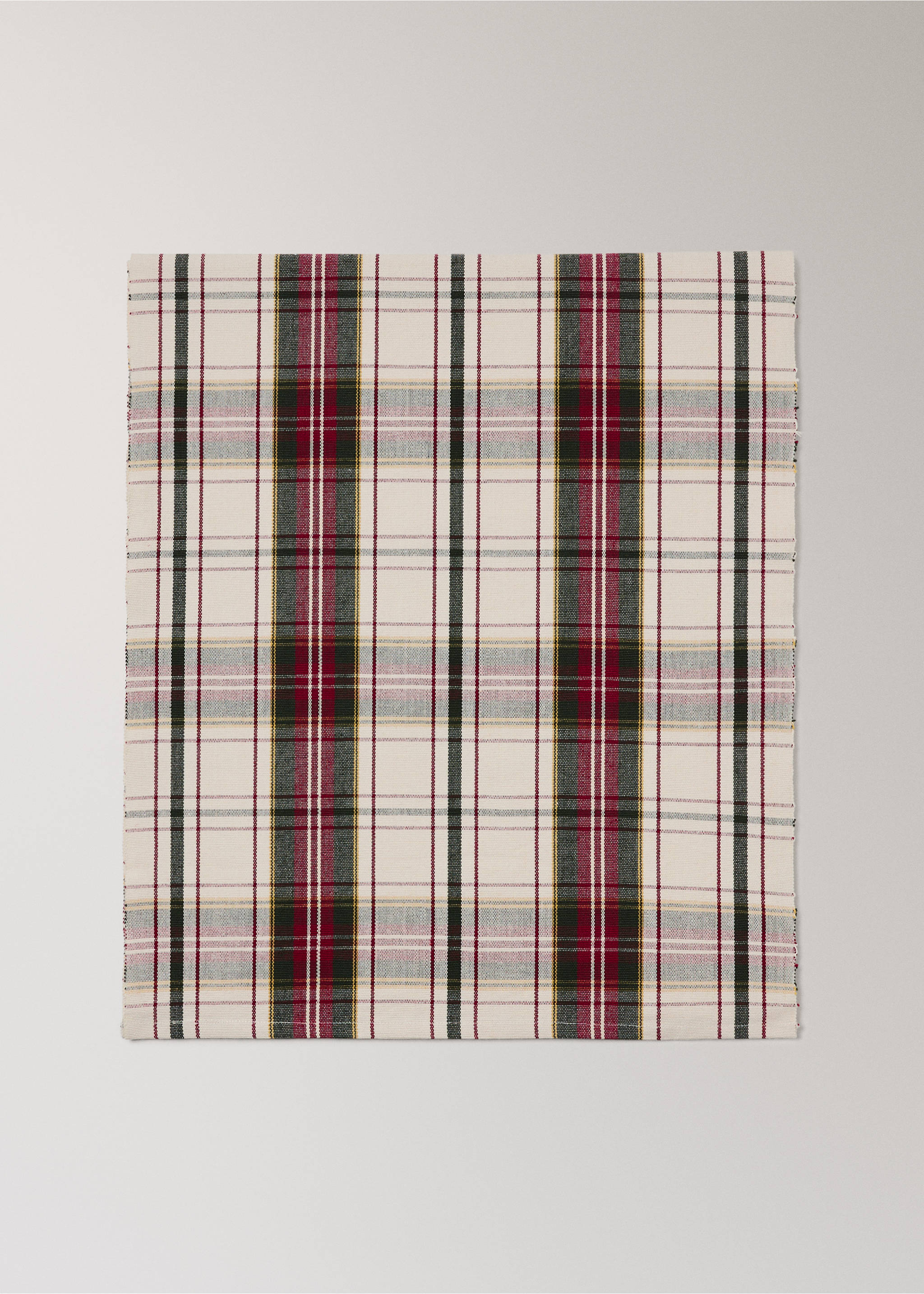 Off-white plaid table runner with red, dark green, and black stripes., Red. Ref: 37056733-00.