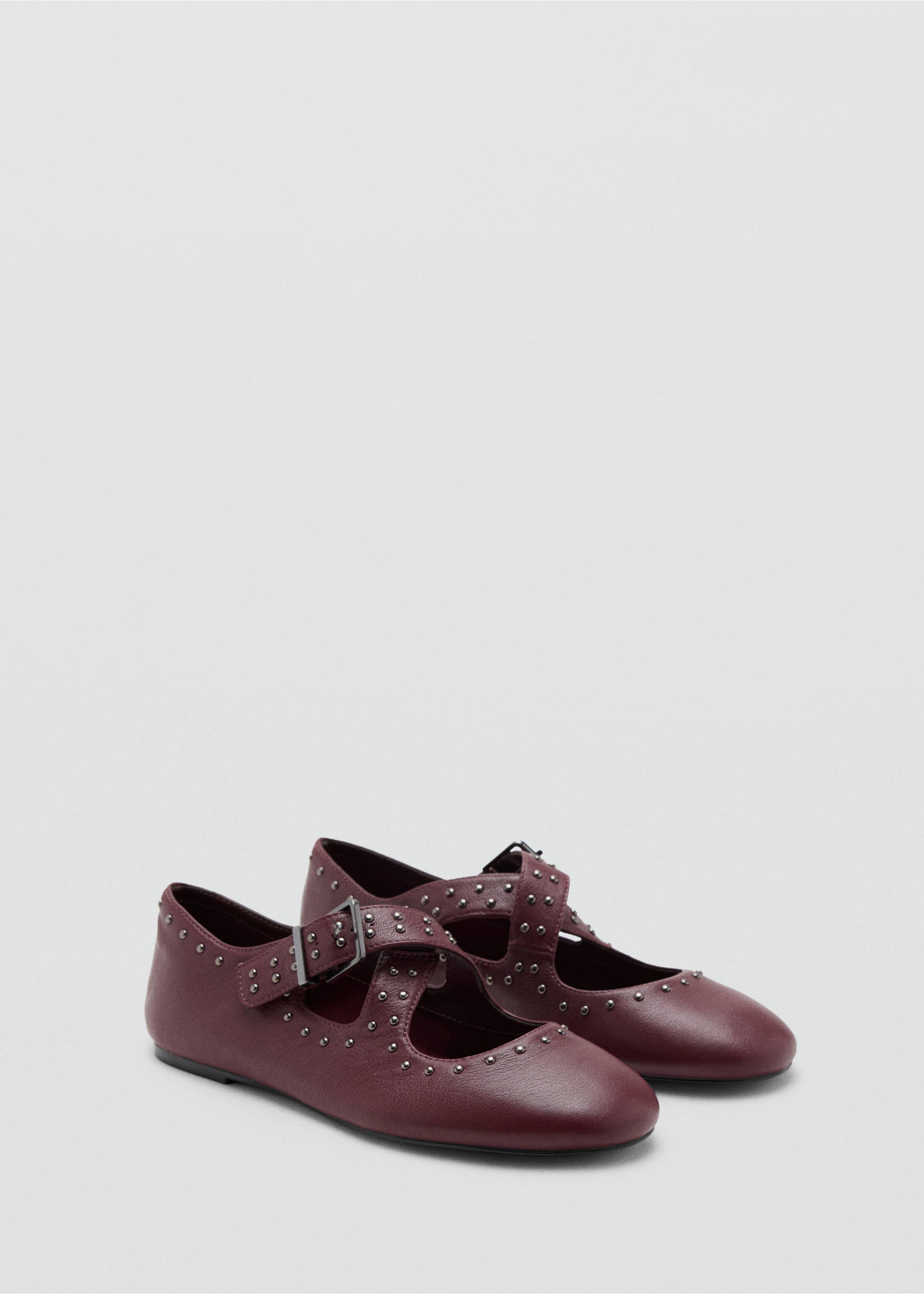 Burgundy flat shoes with studded crossover straps and side buckles., Burgundy. Ref: 37056735-00.