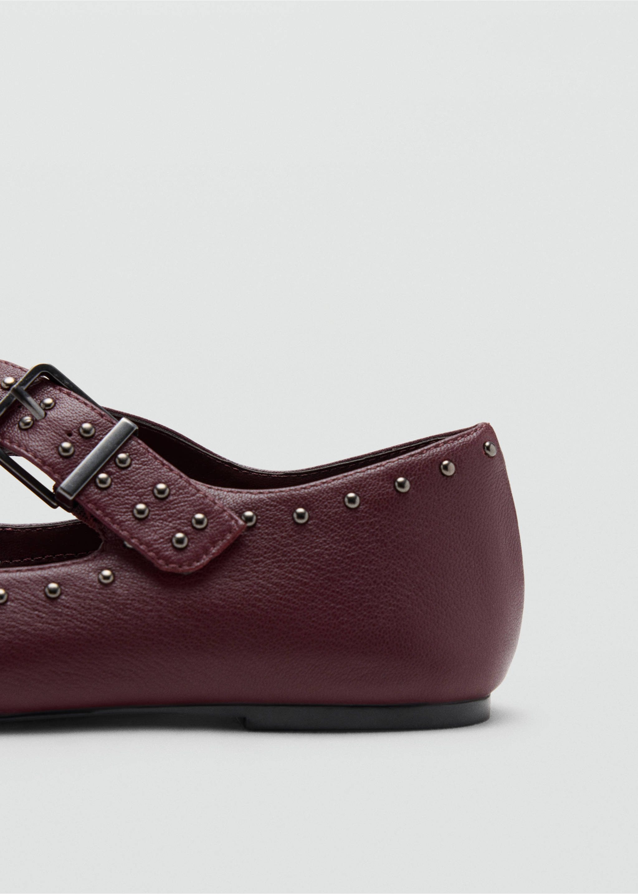 Burgundy shoe detail with silver-toned studs and buckle., Burgundy. Ref: 37056735-00.