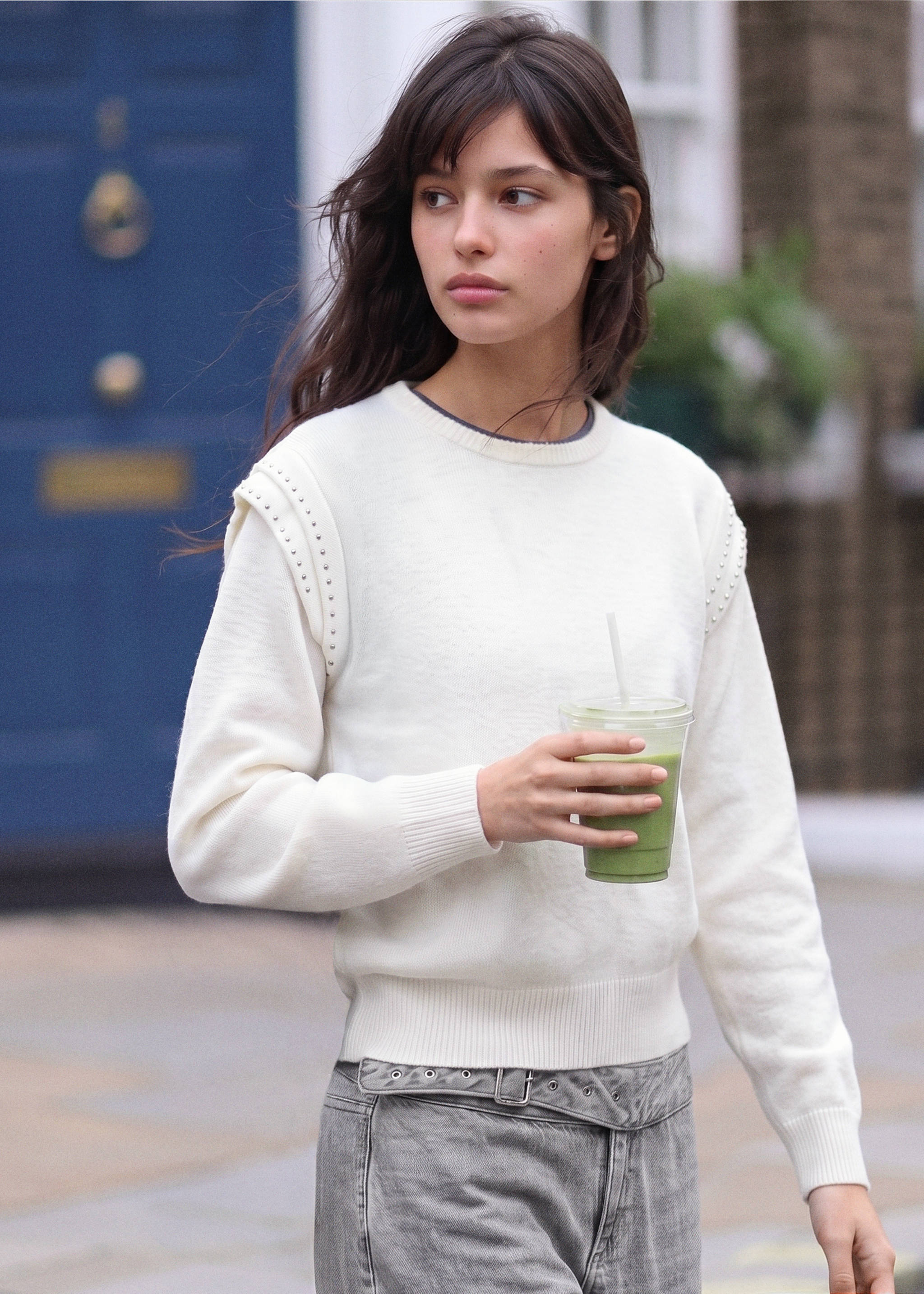 Off-white crew neck jersey with studded shoulder details.