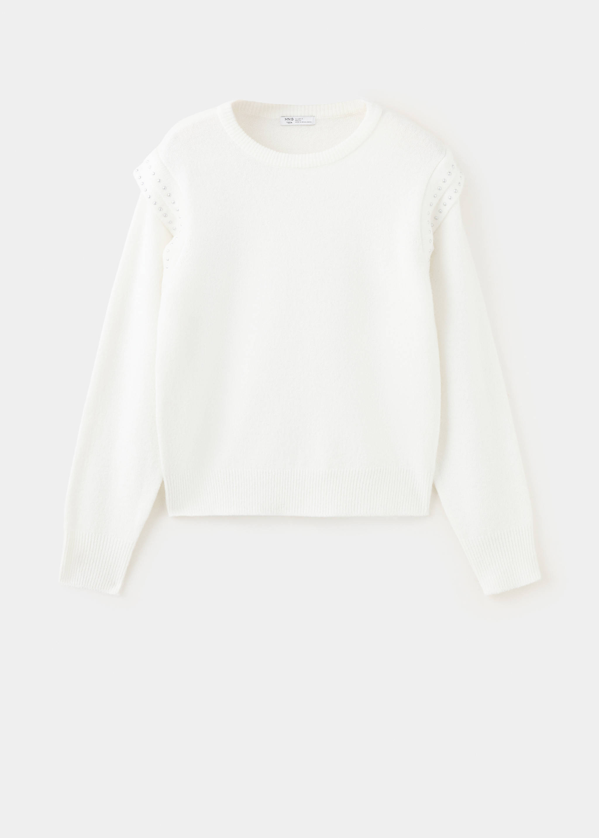 Off-white knit jumper with round neck, long sleeves, and studded ruffle shoulders.
