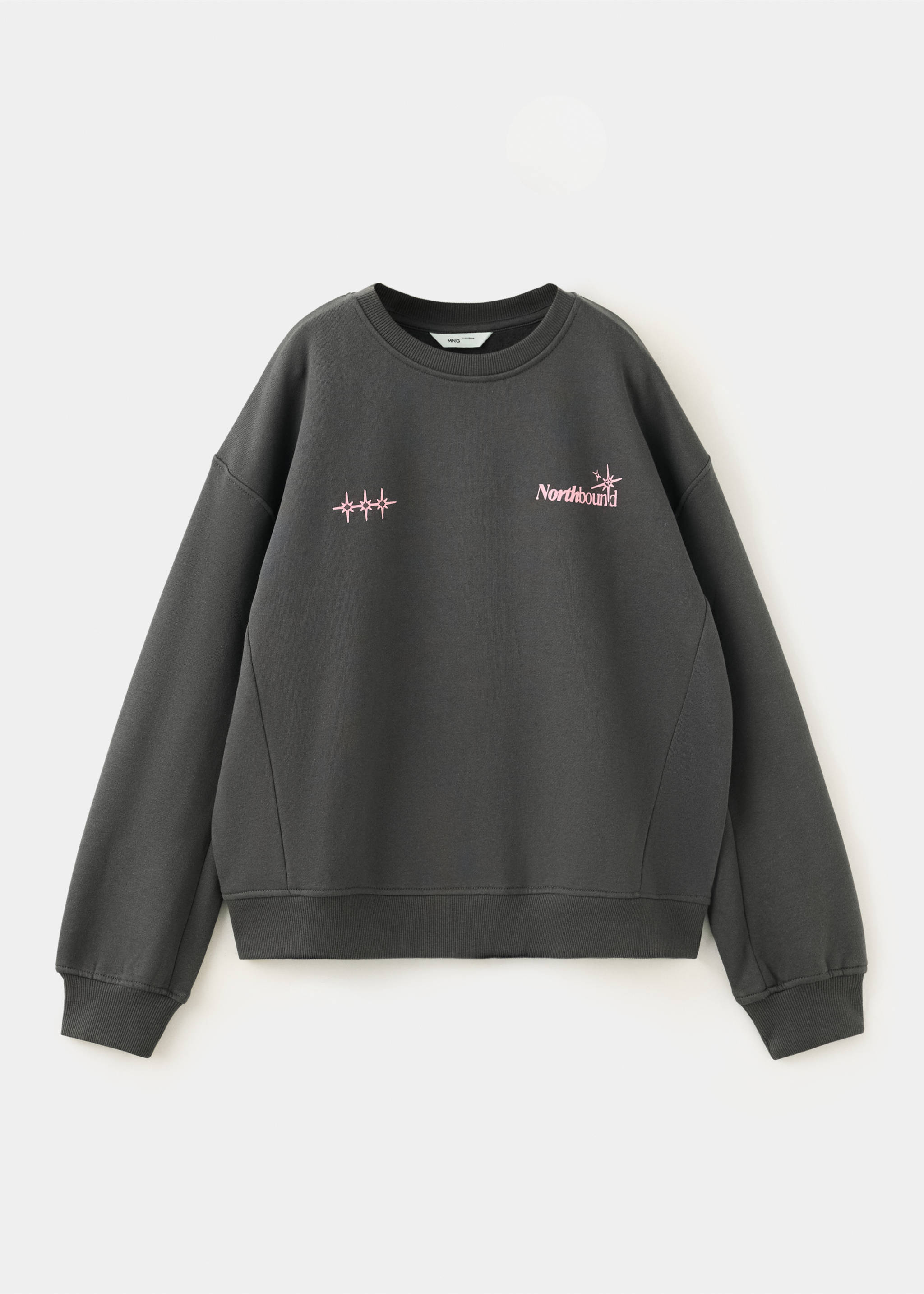 Sudadera gris oscuro de cuello redondo con texto bordado en rosa y gráficos de estrellas., Gris antracita. Ref: 37056742-00.