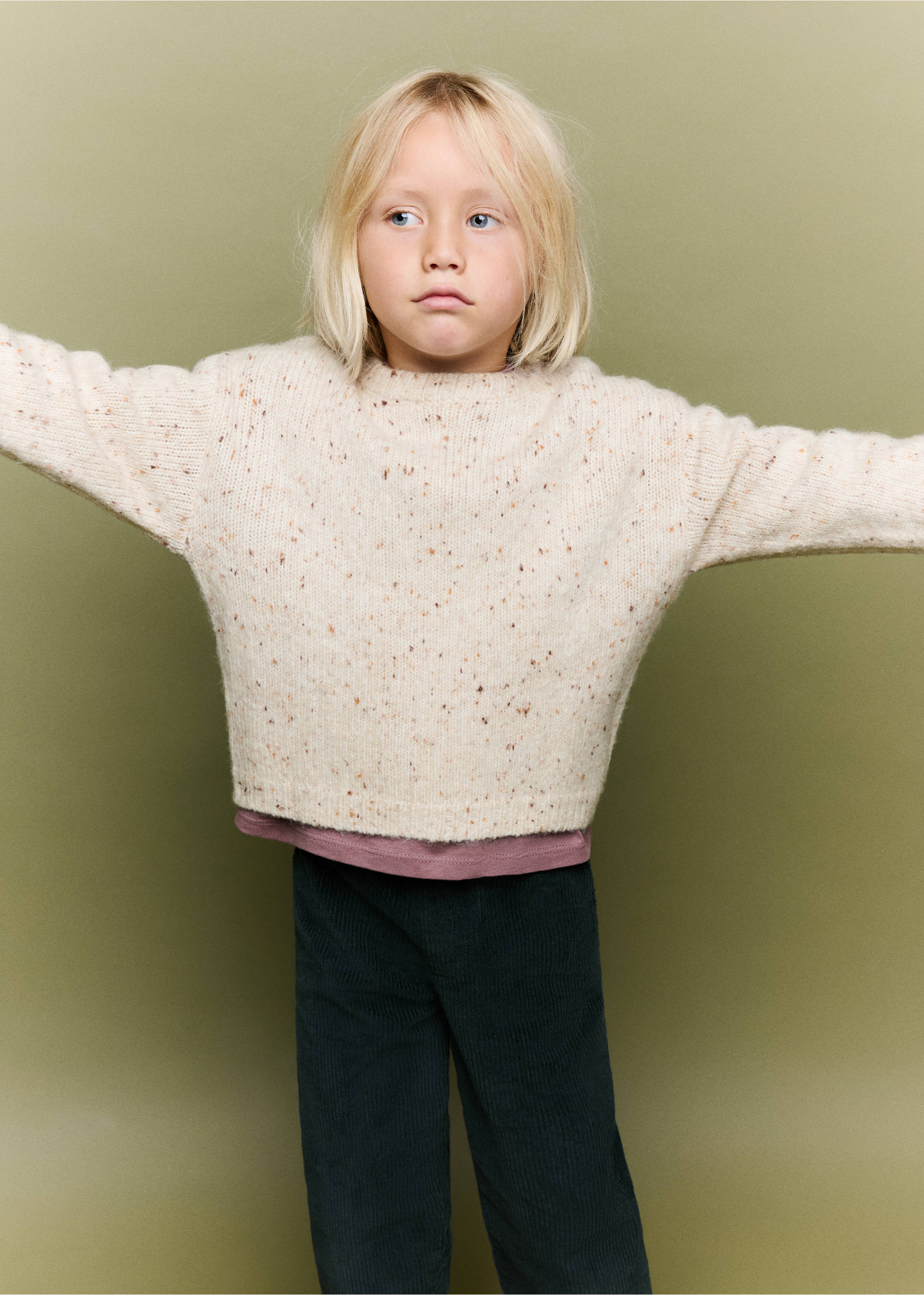 Cream speckled knit sweater with long sleeves and a crew neck., Beige. Ref: 37057124-00.