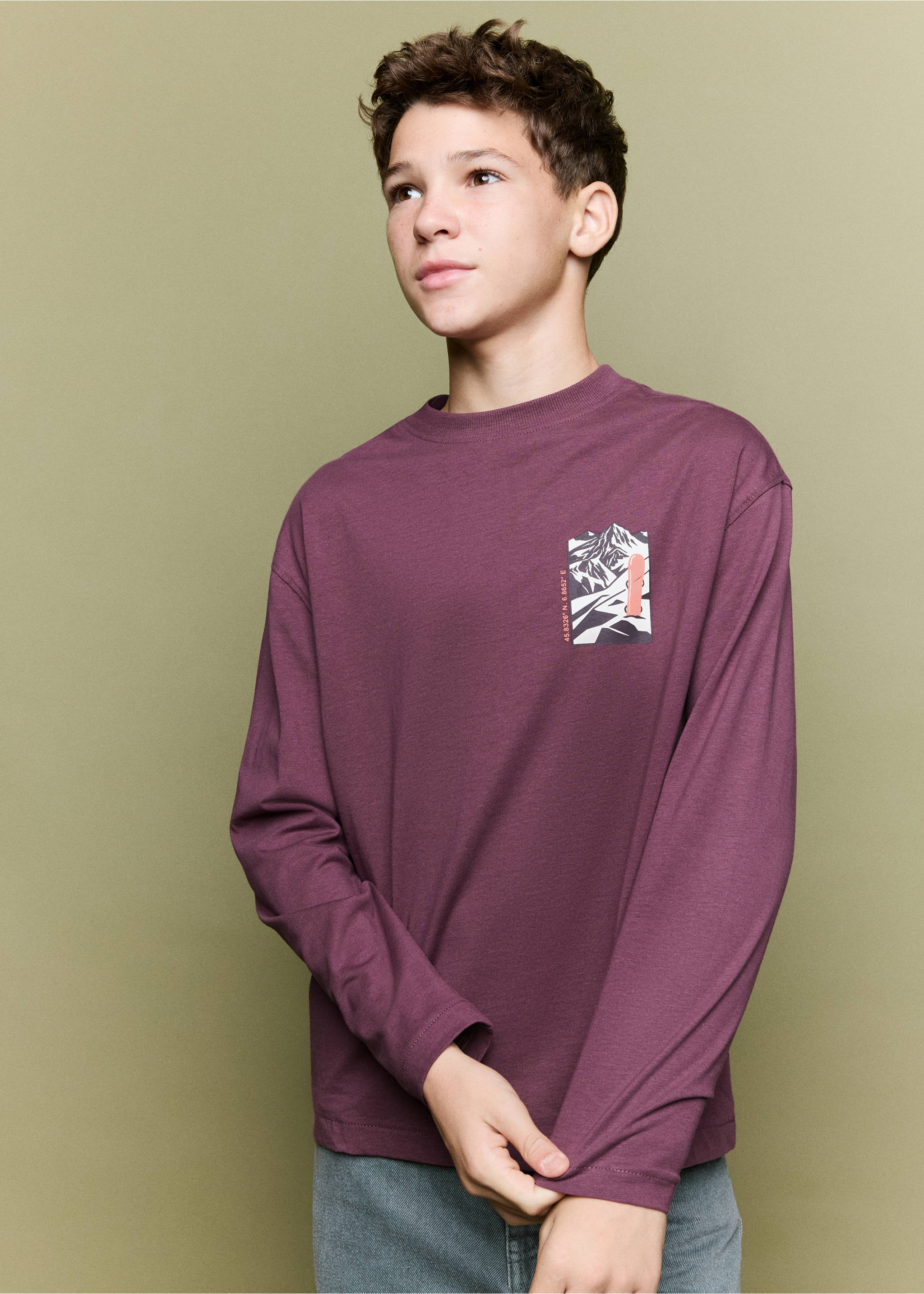 Purple long-sleeved t-shirt with a mountain graphic print on the chest., Cherry. Ref: 37057126-00.