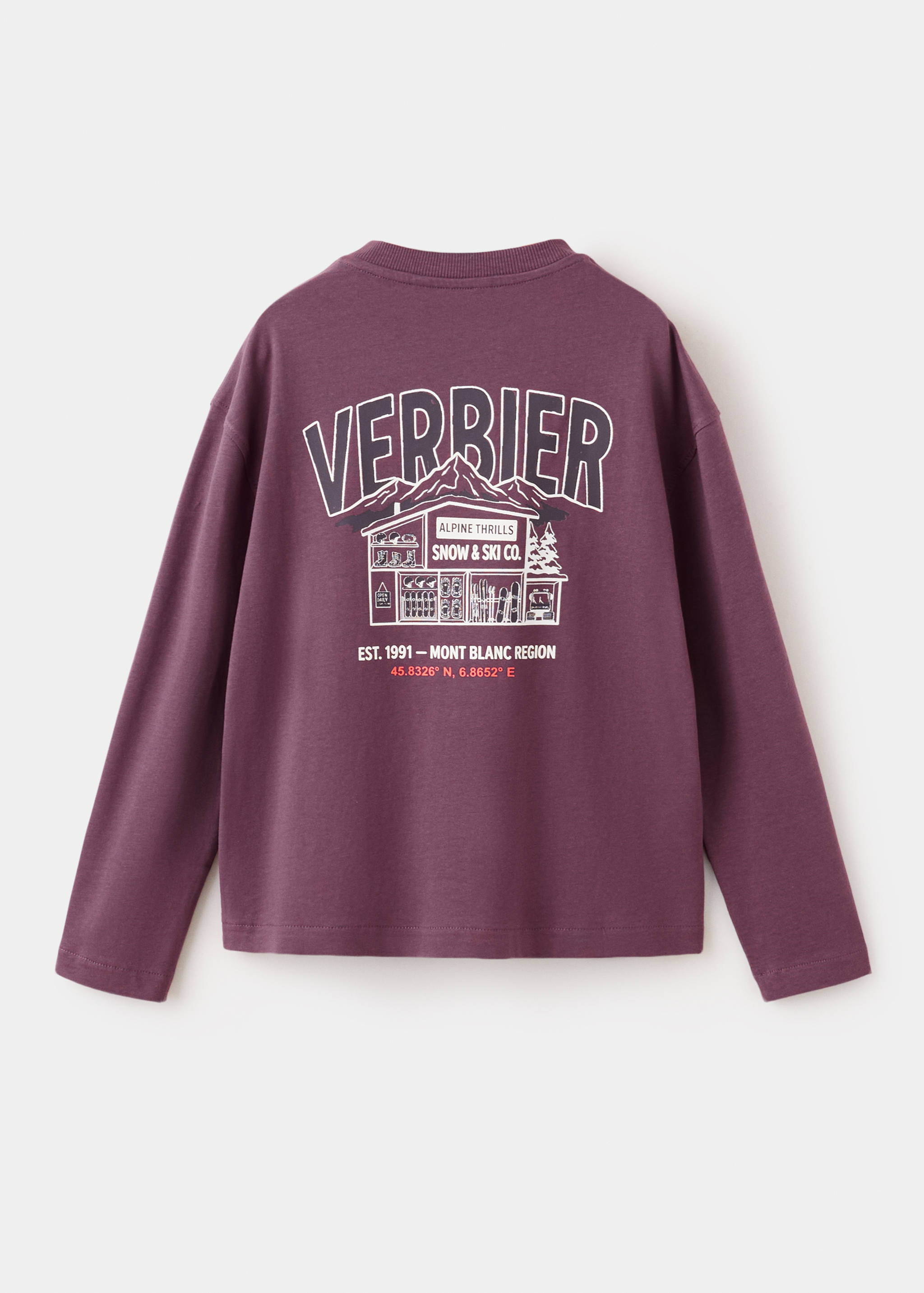 Plum long-sleeved t-shirt with graphic back print, back view.