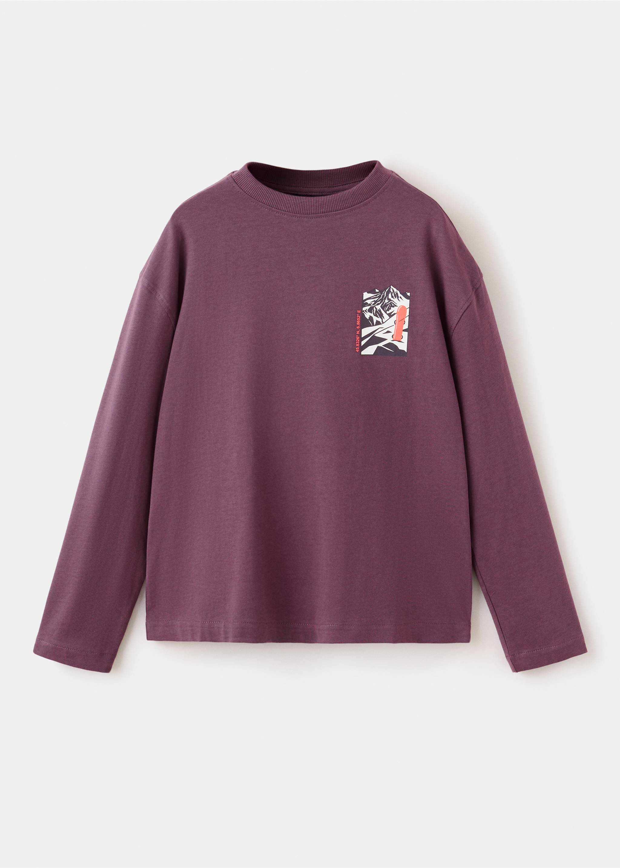 Plum purple long-sleeve t-shirt with crew neck and chest graphic., Cherry. Ref: 37057126-00.
