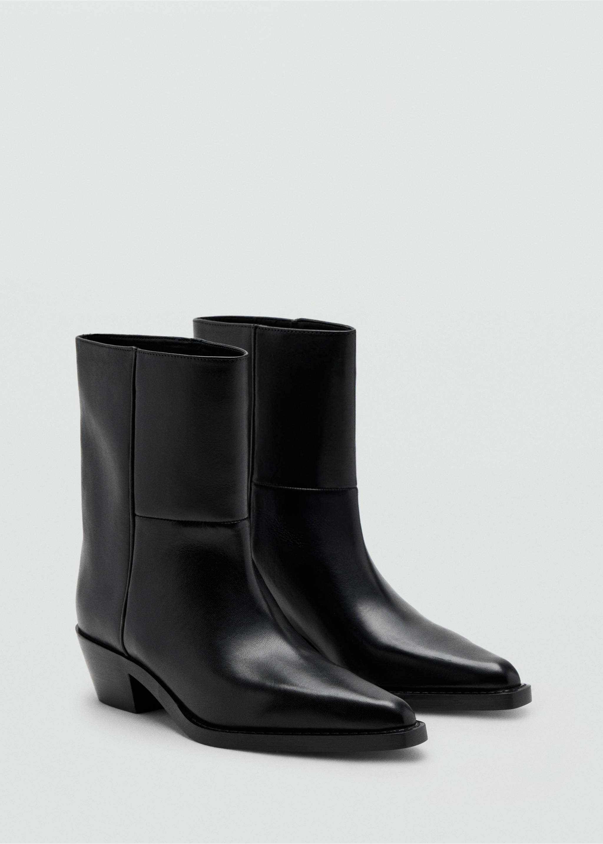 Black leather ankle boots with a pointed toe and low block heel., Black. Ref: 37057127-00.