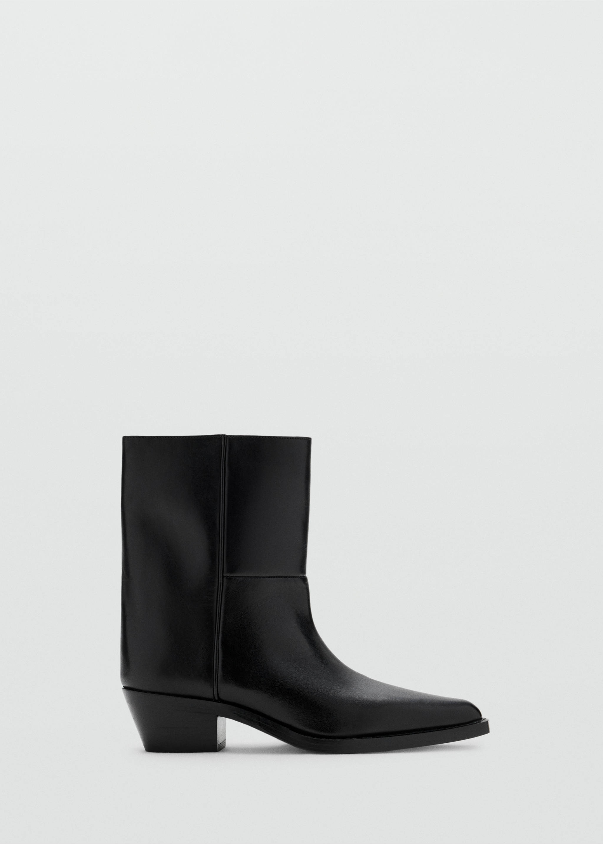 Black leather ankle boot with a pointed toe and low block heel., Black. Ref: 37057127-00.