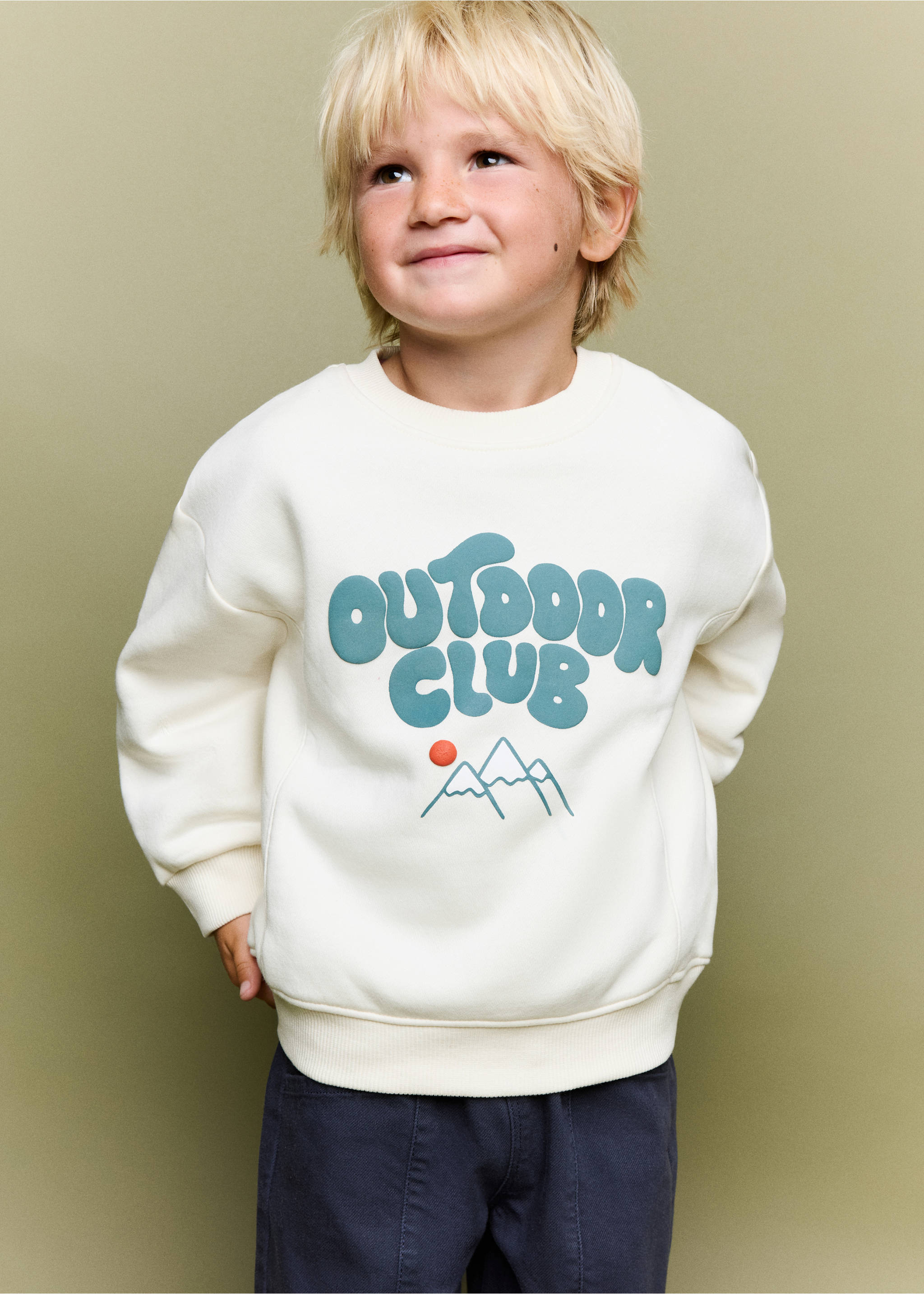 Off-white sweatshirt with a teal Outdoor Club mountain graphic., Aqua Green. Ref: 37057131-00.