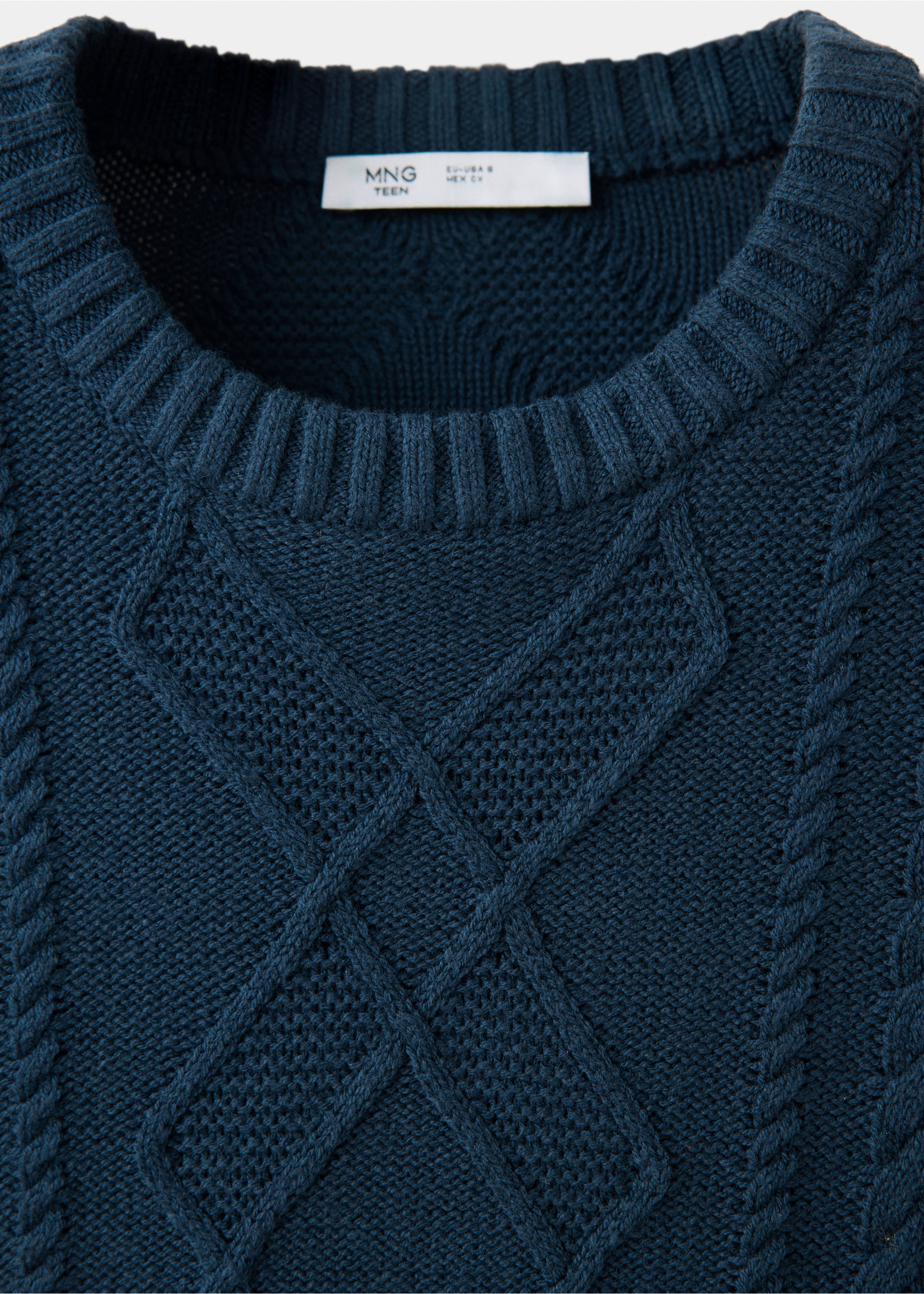 Dark blue teen knitted sweater with a ribbed round neckline and patterned cable-knit chest detail., Navy. Ref: 37057132-00.