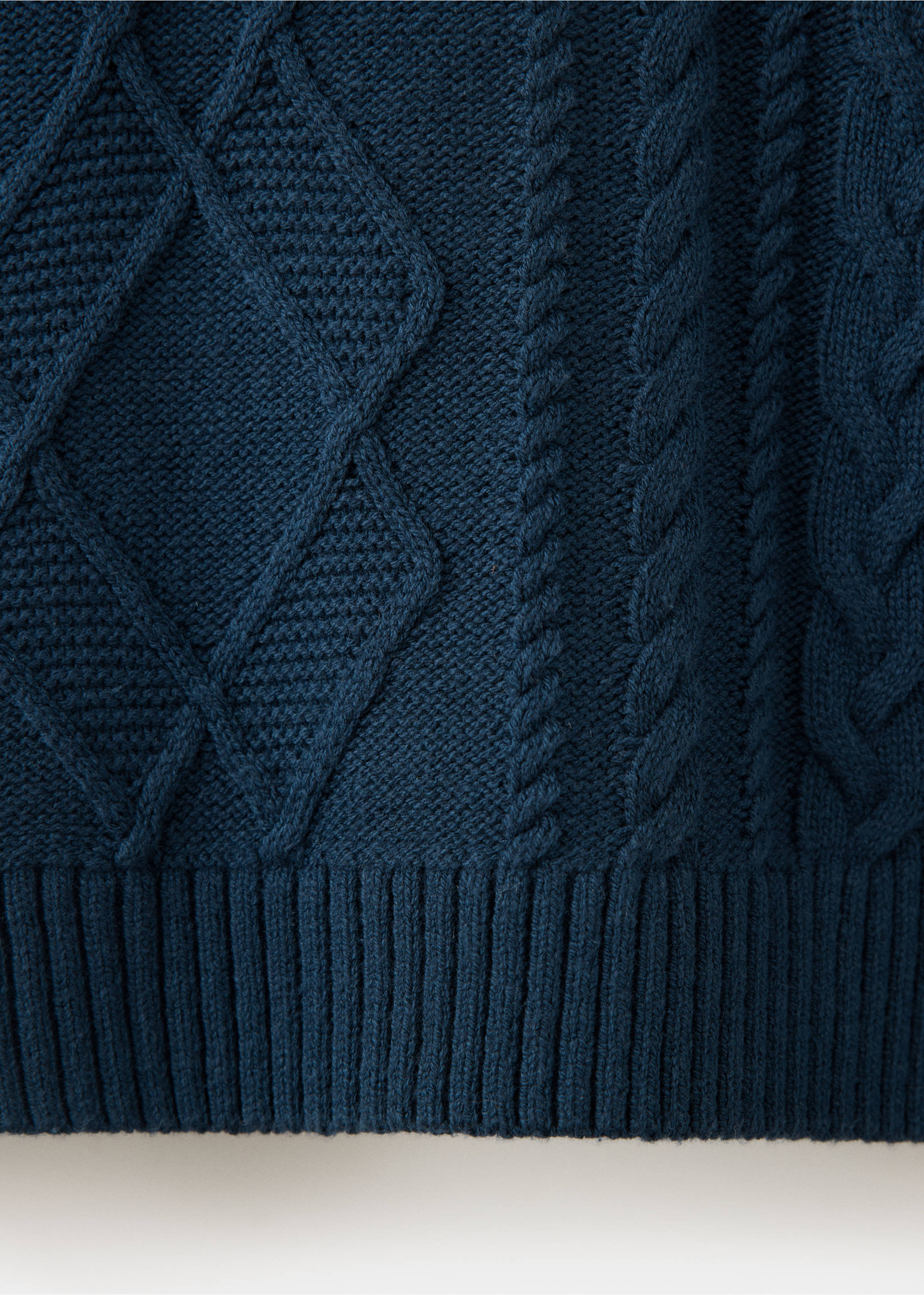 Dark blue knit jersey fabric detail showing cable-knit and diamond patterns., Navy. Ref: 37057132-00.