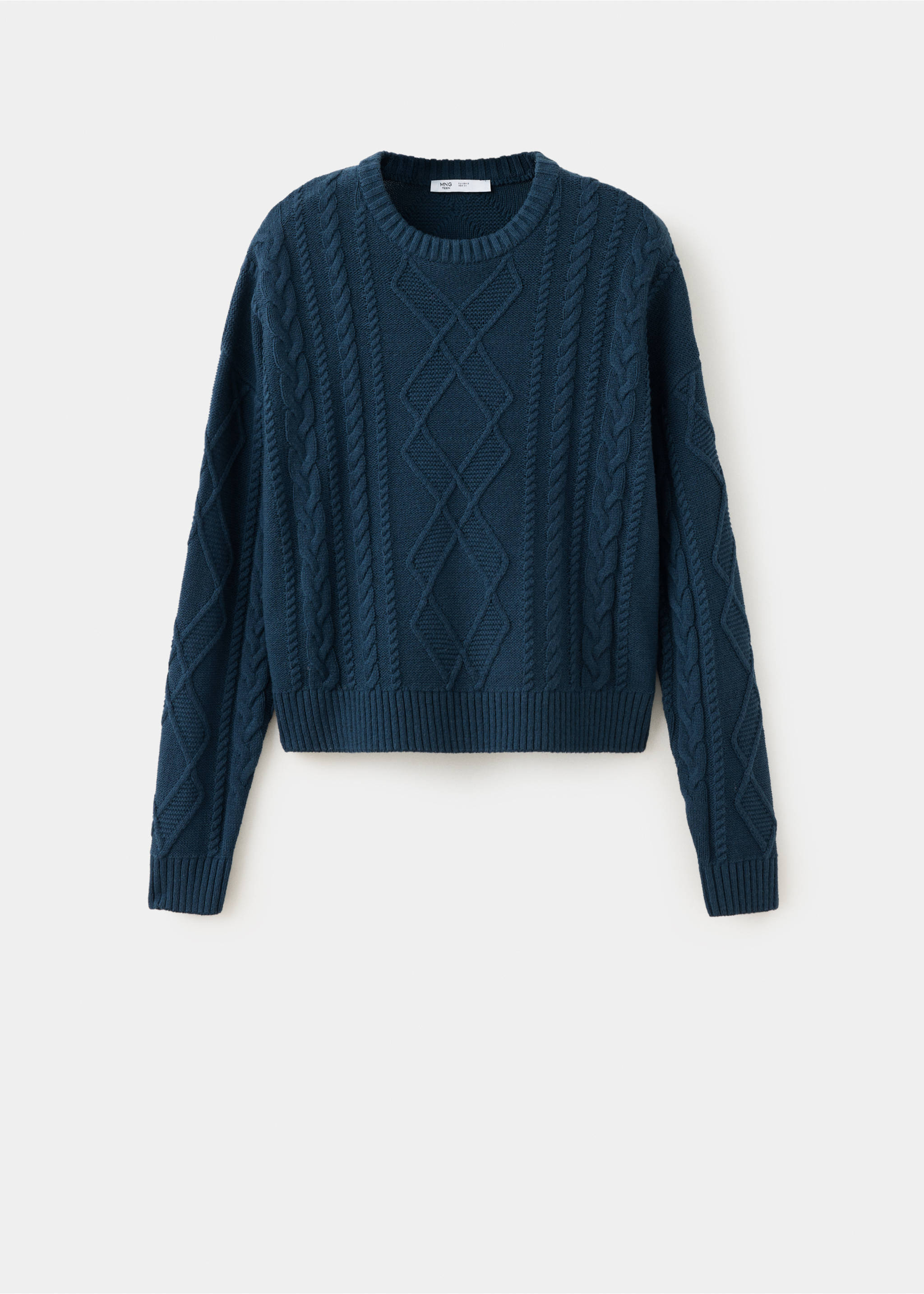 Dark blue cable-knit jumper with a crew neck and ribbed trims., Navy. Ref: 37057132-00.