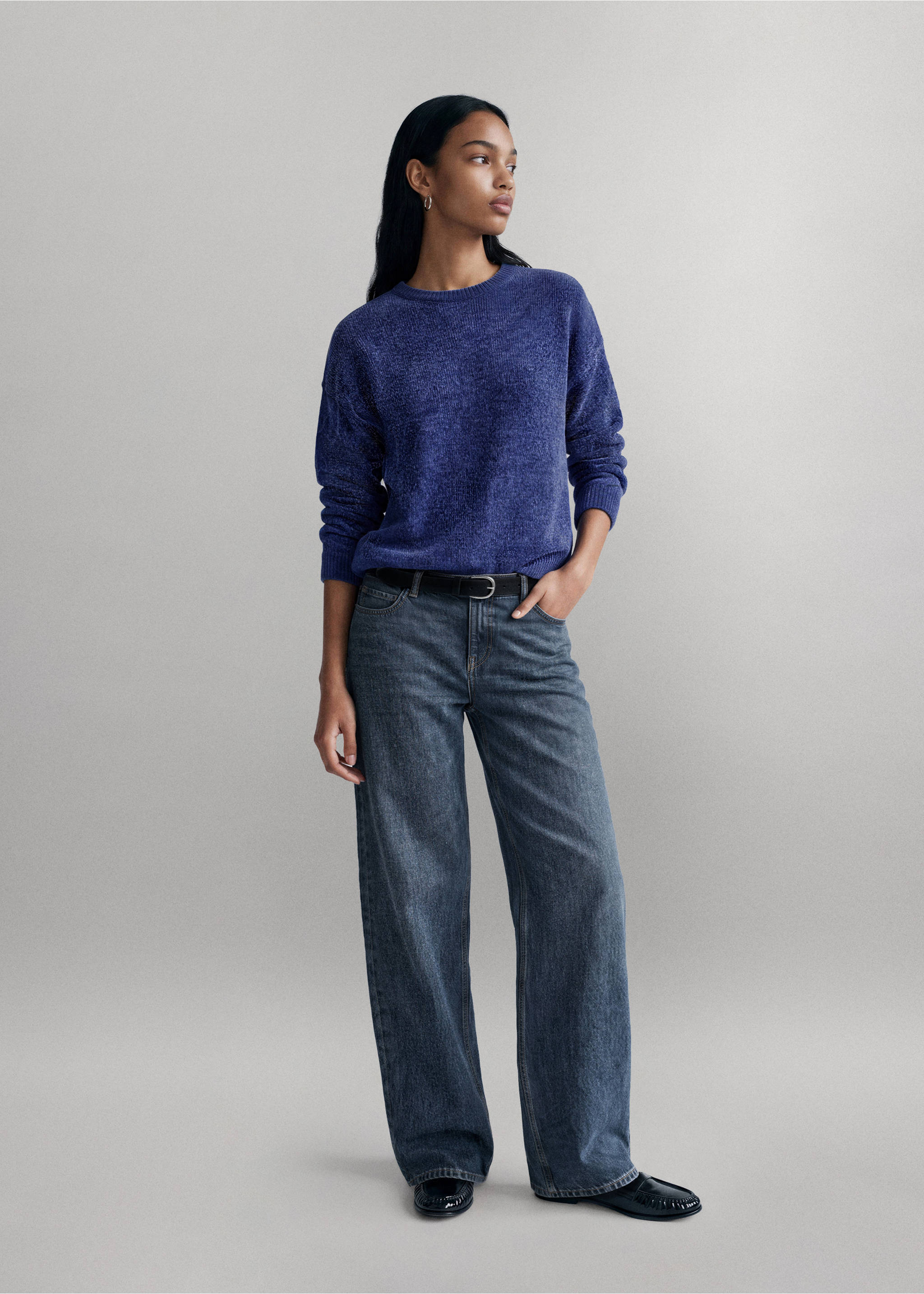 Blue textured crewneck jumper worn with dark grey wide-leg jeans., Indigo Blue. Ref: 37057133-00.