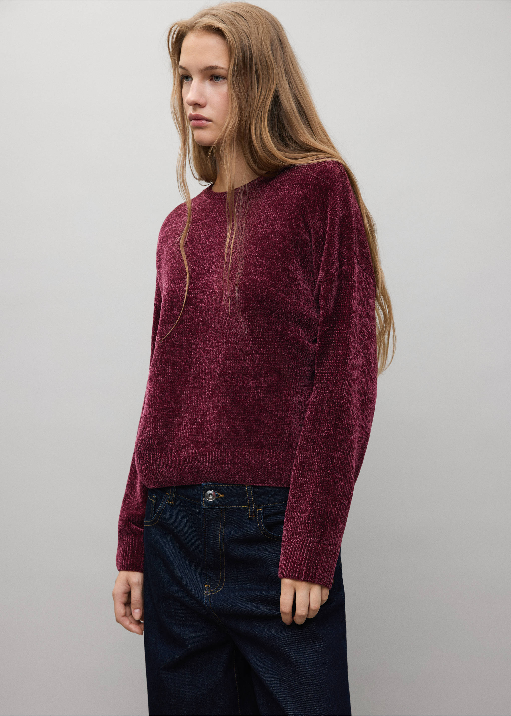 Chenille knit sweater - Medium plane, Burgundy. Ref: 37057134-00.