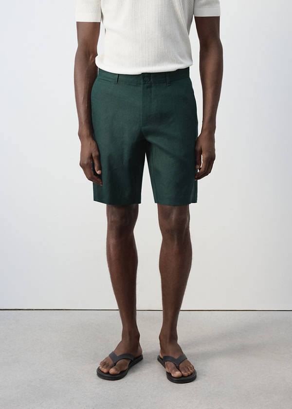 Regular fit 100% linen Bermuda shorts — Dark Green