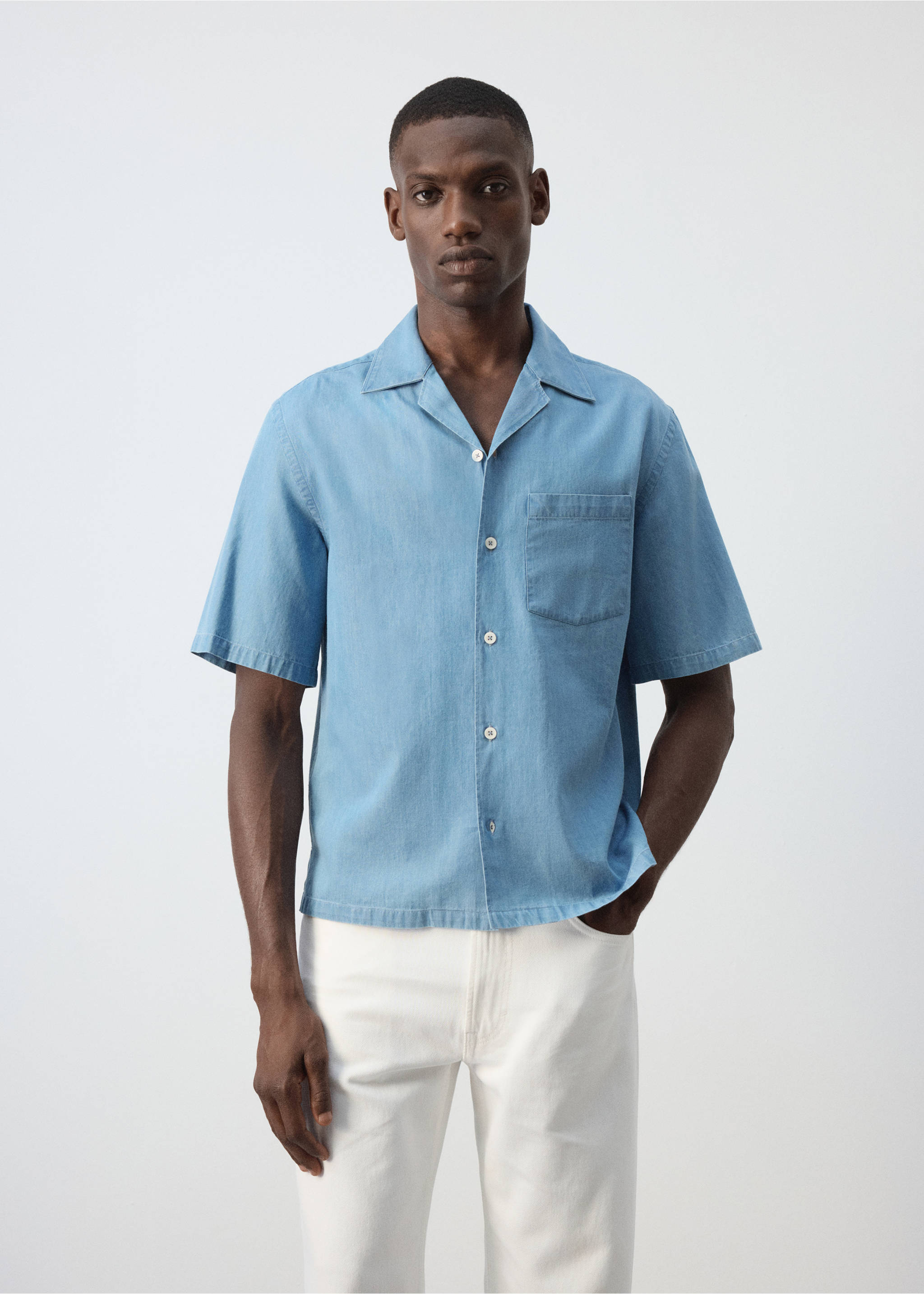 Chemise 100 % coton à col bowling - Plan moyen, Bleu clair. Ref: 37057773-00.