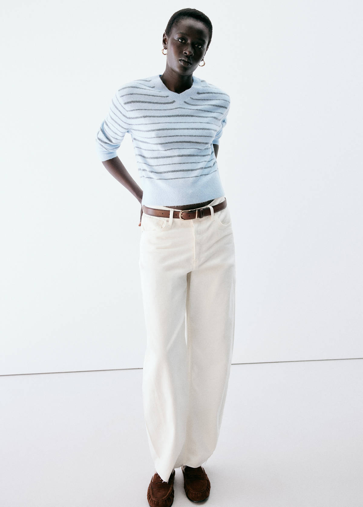 Striped knit jumper with V-neck — Sky Blue