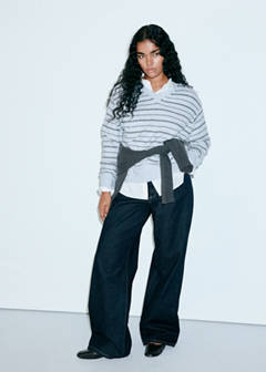 Striped knit jumper with V-neck — Sky Blue 7