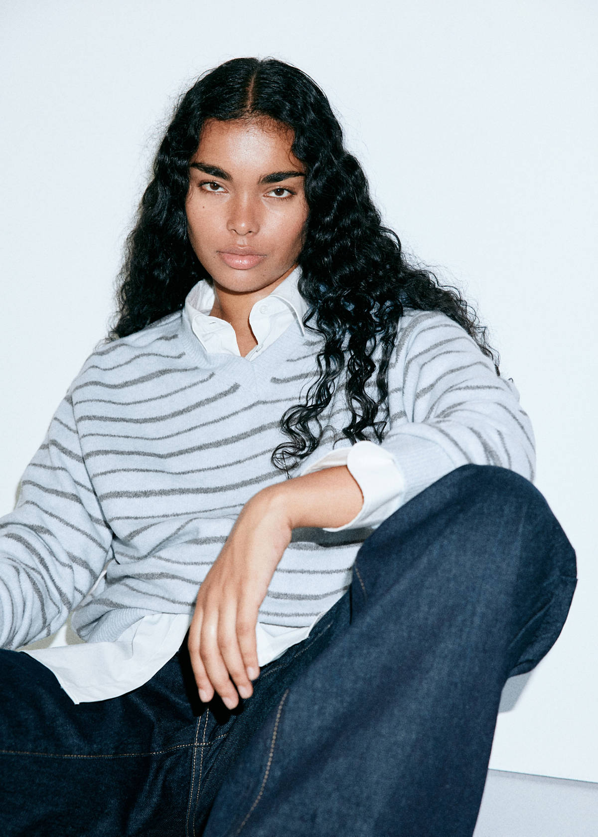 Striped knit jumper with V-neck — Sky Blue