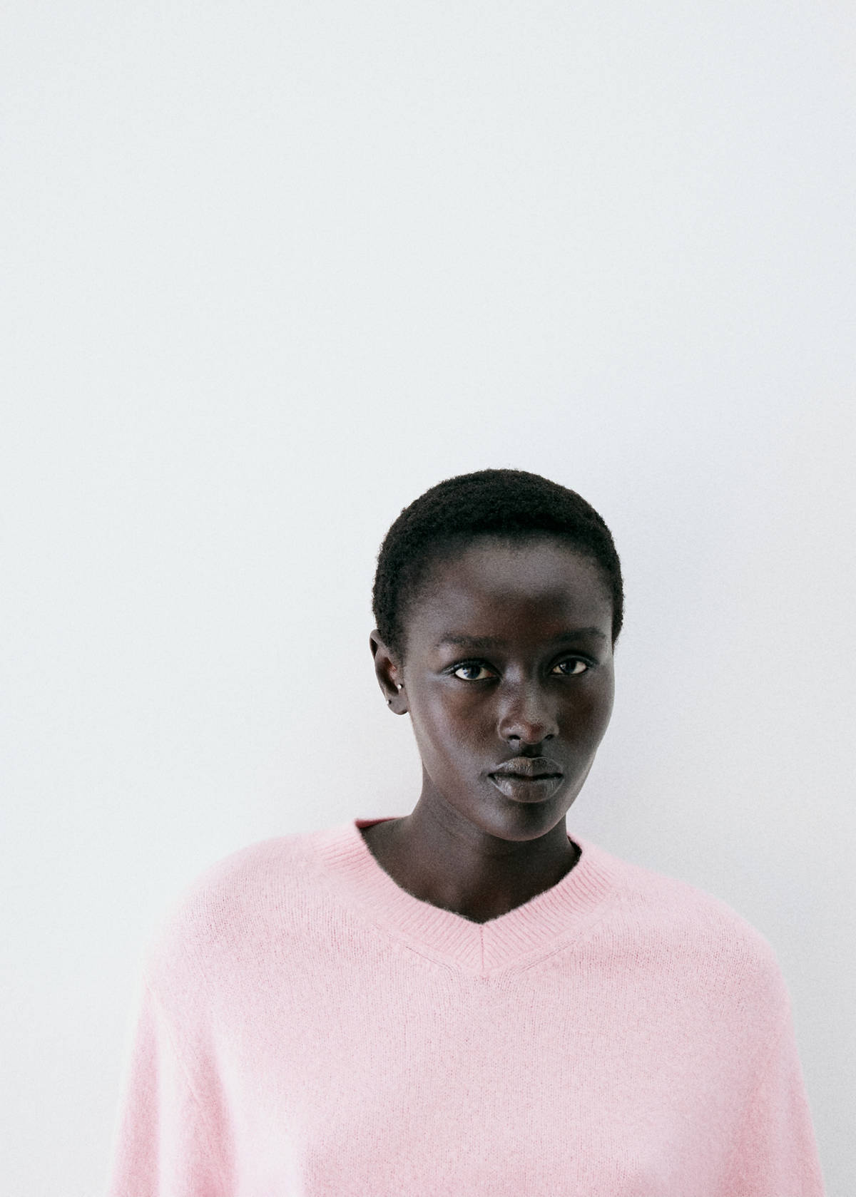 Striped knit jumper with V-neck — Pastel Pink