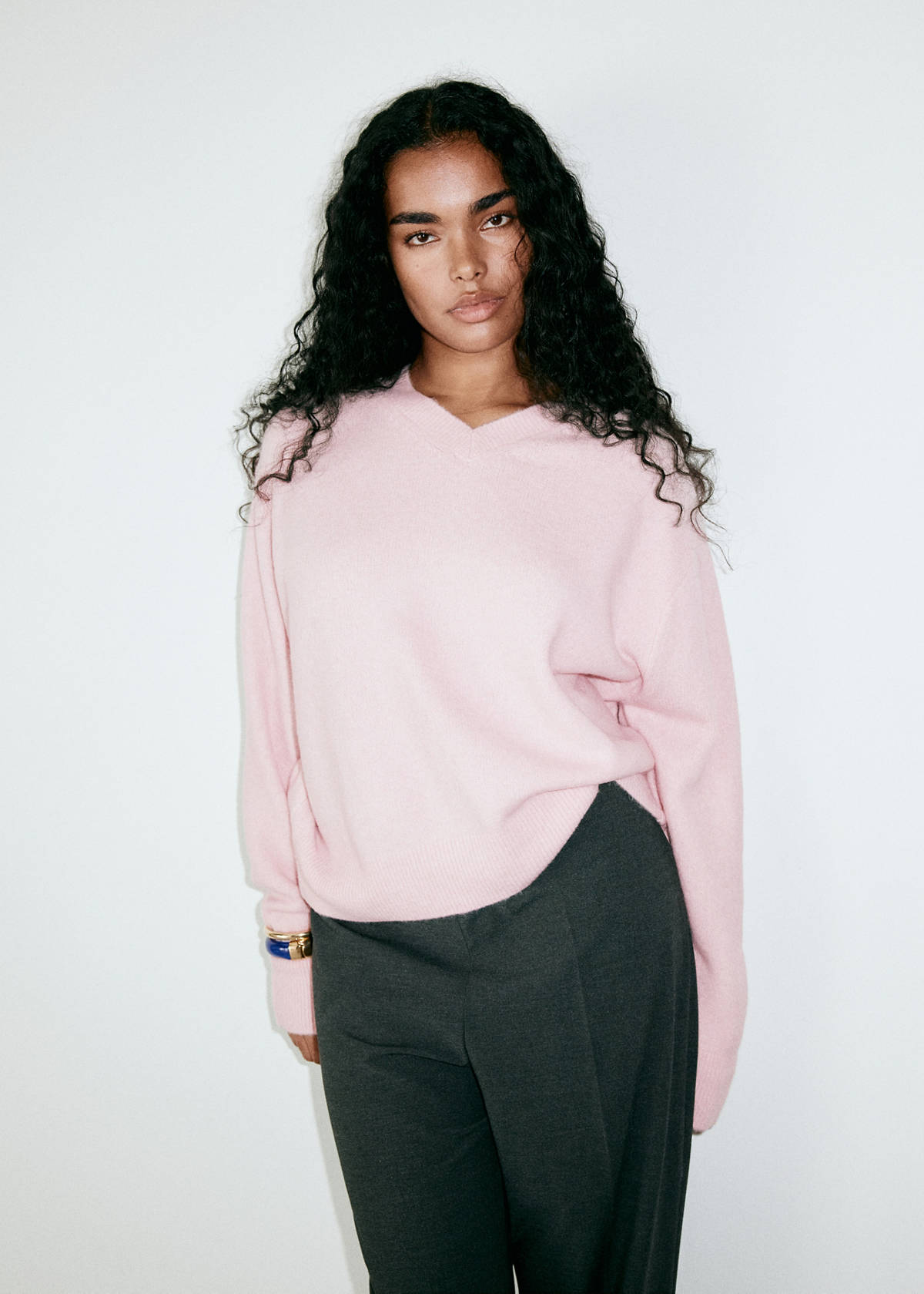 Striped knit jumper with V-neck — Pastel Pink