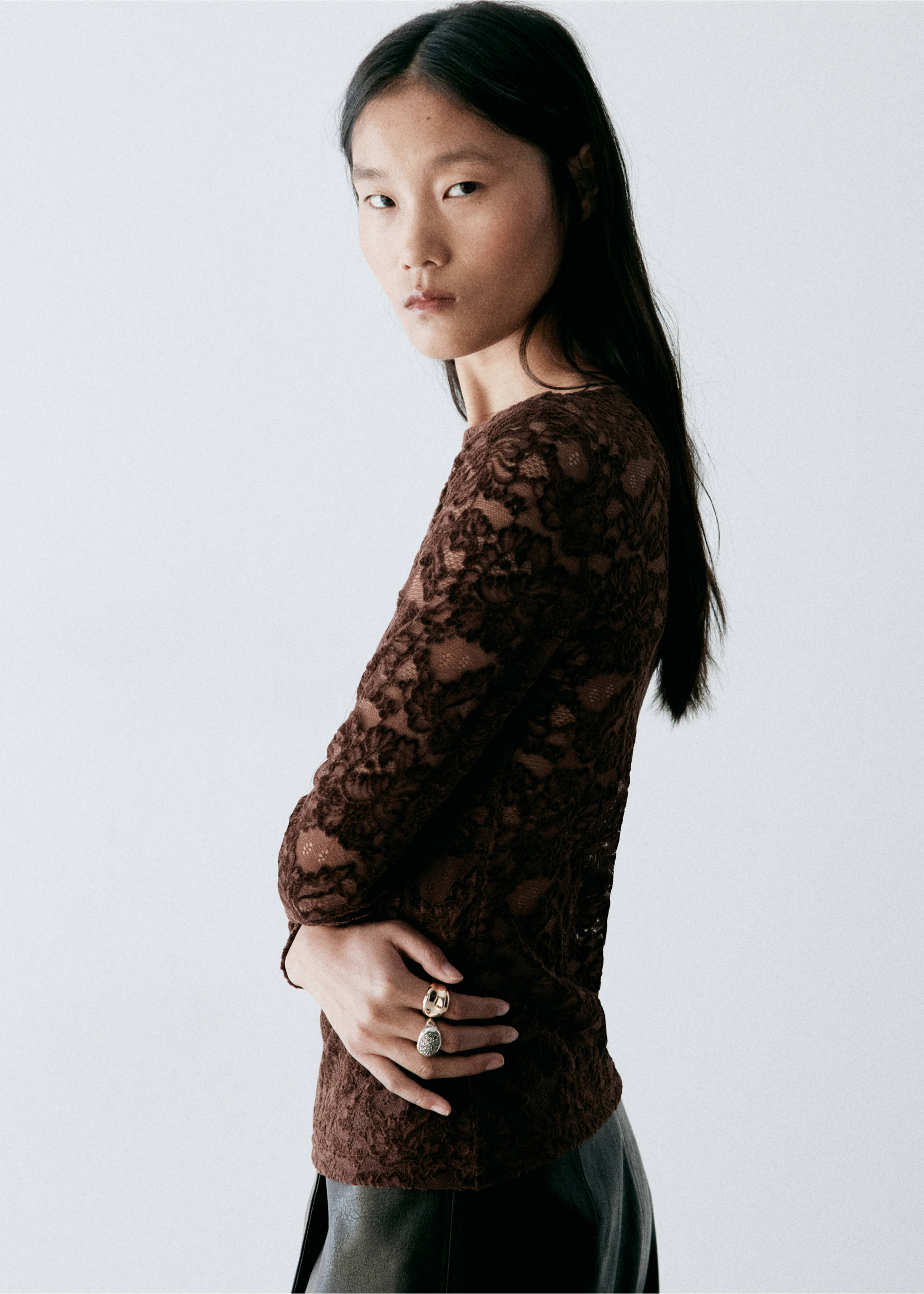Velvet lace top - Details of the article 2, Brown. Ref: 37057778-00.