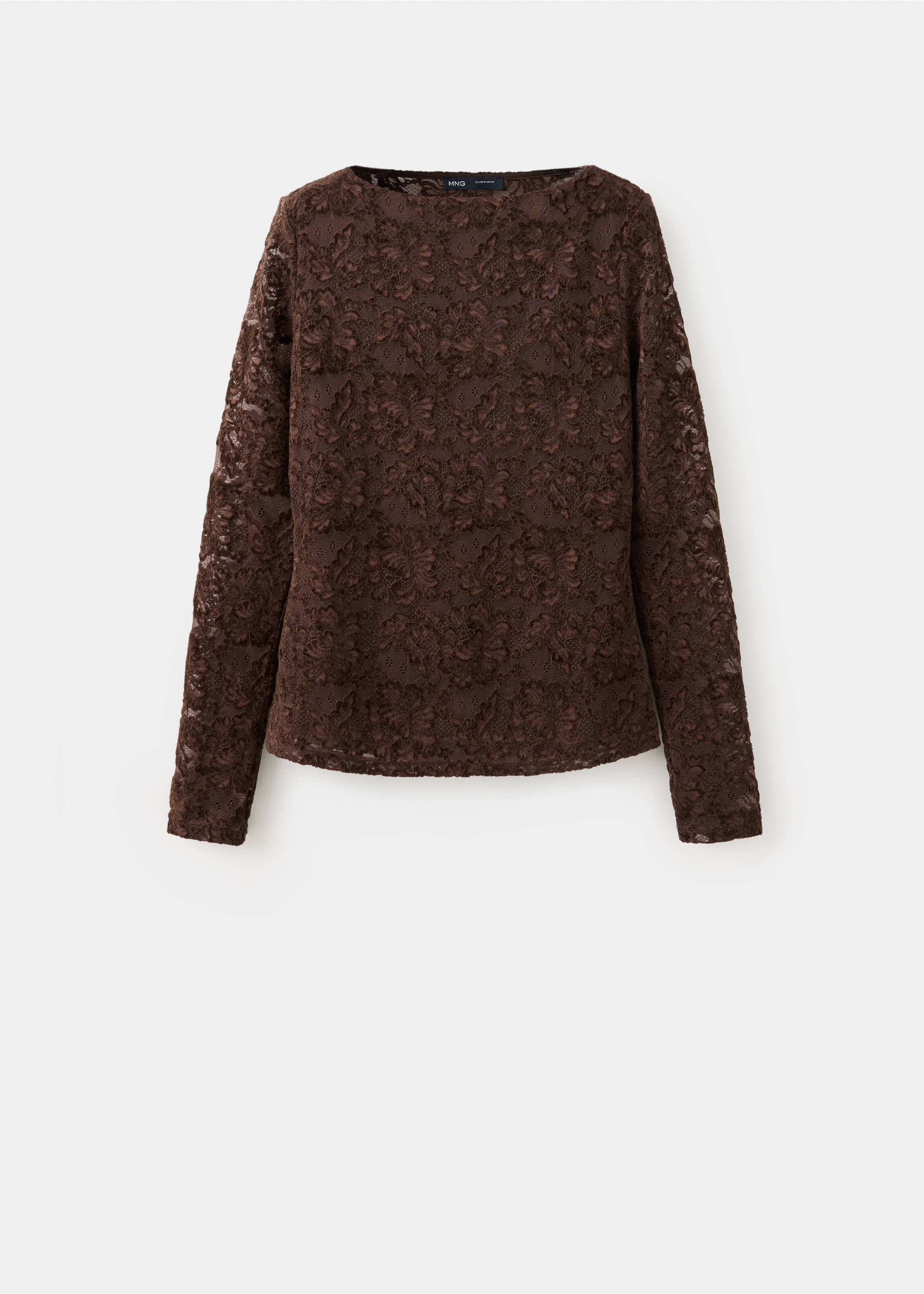 Brown lace top with a boat neckline and long sleeves., Brown. Ref: 37057778-00.