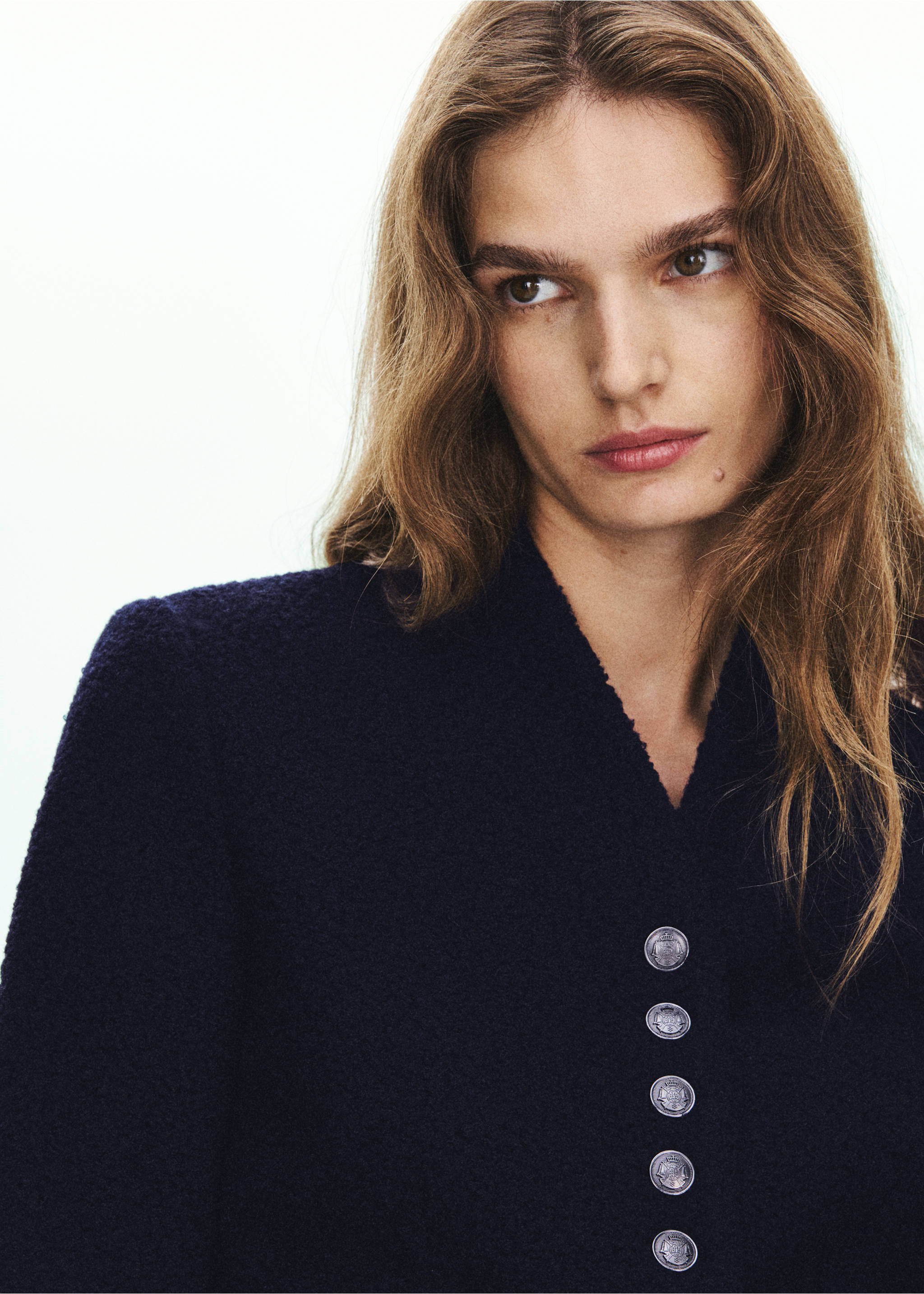 Textured jacket with jewel buttons - Details of the article 1, Navy. Ref: 37057779-00.