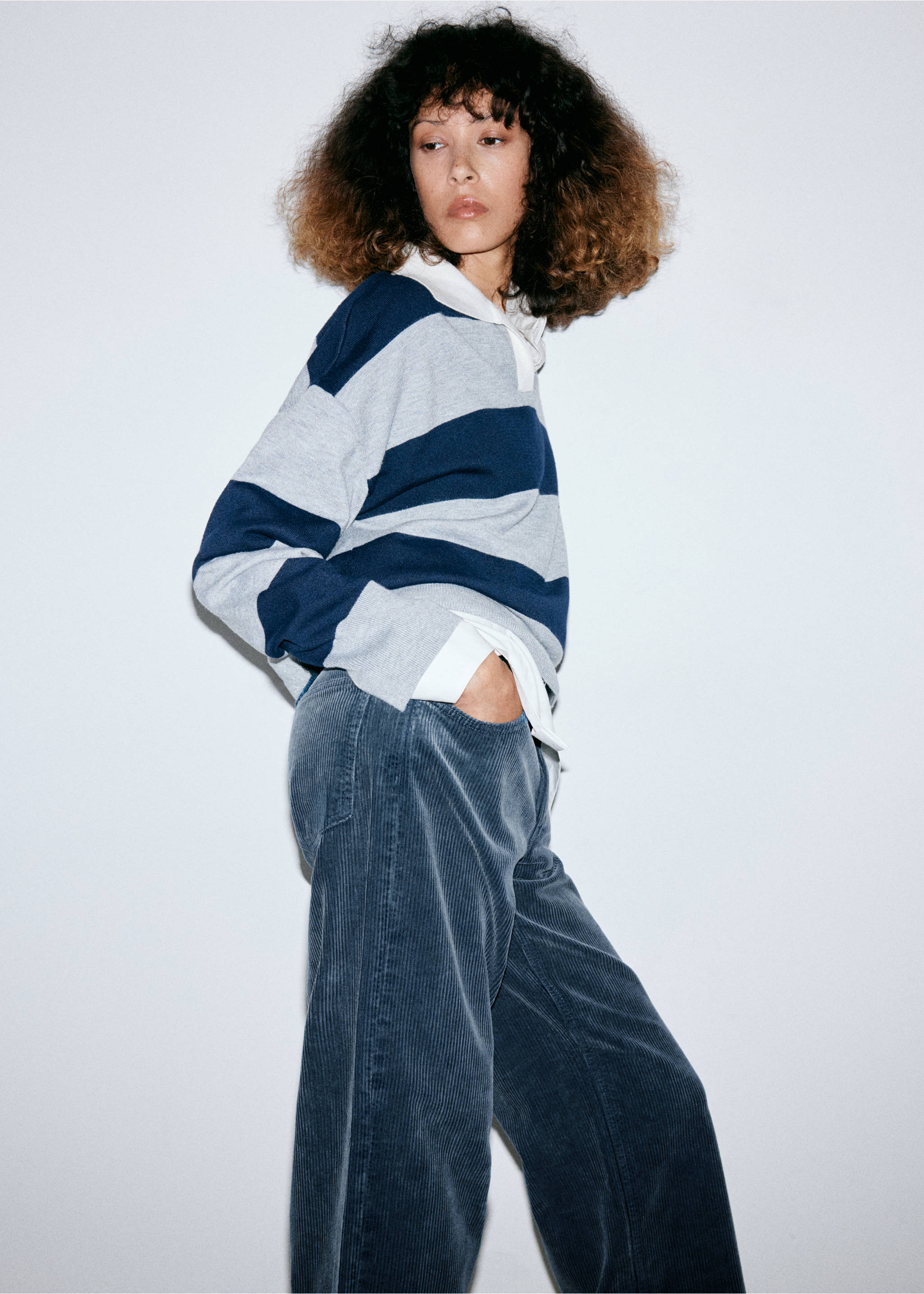 Grey and navy blue striped rugby shirt with white collar, Blue. Ref: 37057780-01.