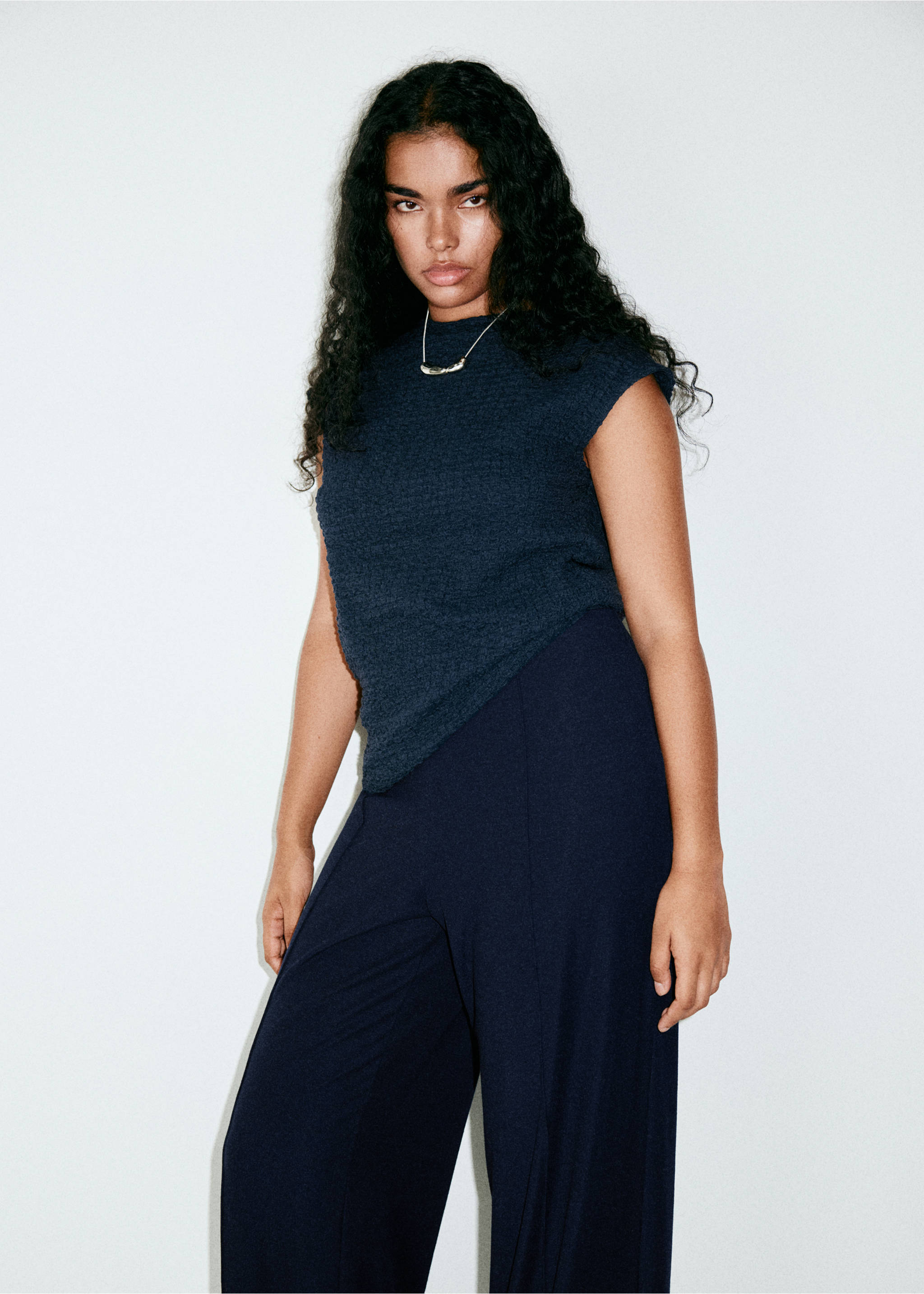 Straight-fit trousers with decorative seams - Details of the article 6, Navy. Ref: 37057782-00.
