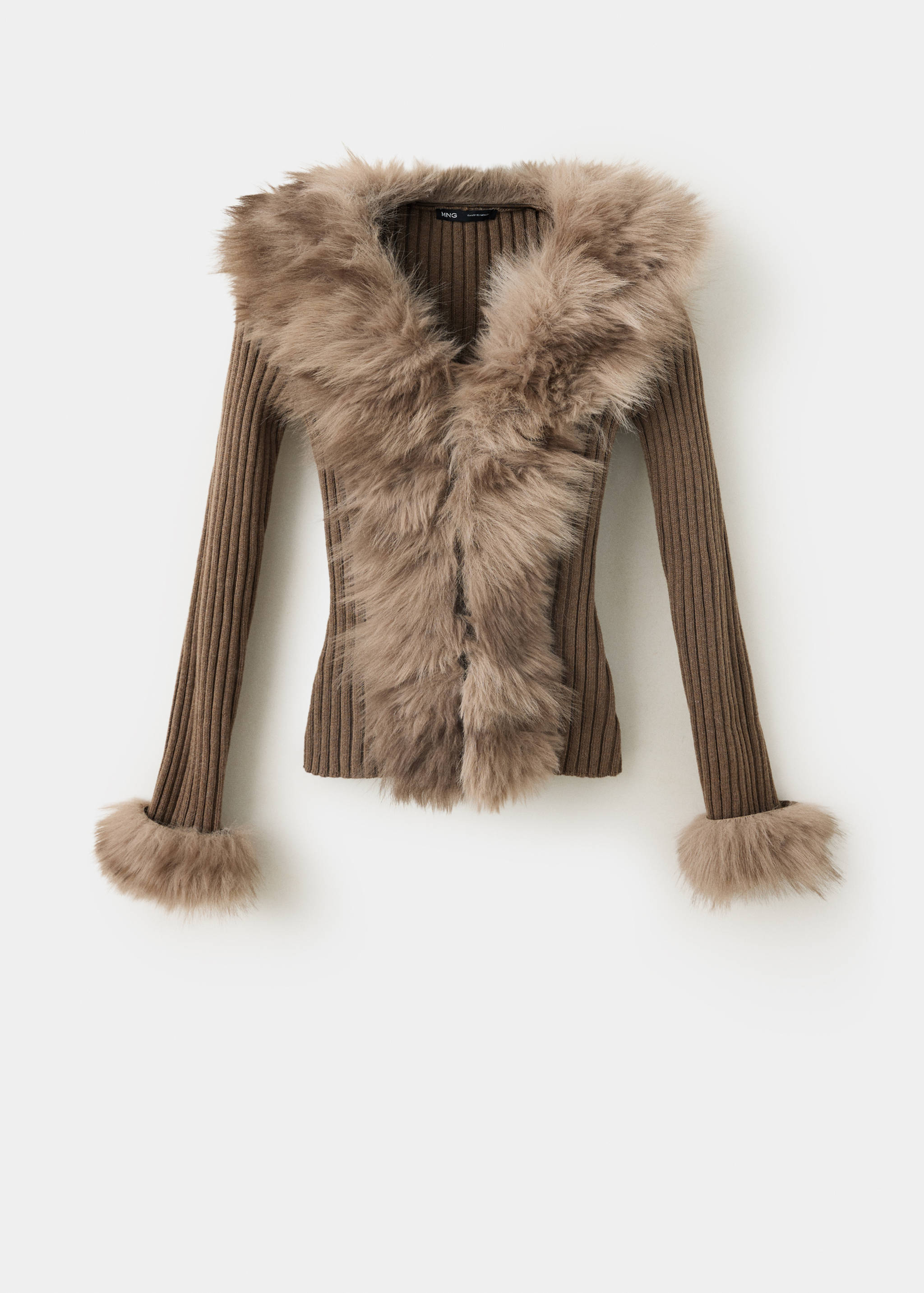 Brown ribbed cardigan with plush faux-fur collar and cuffs.