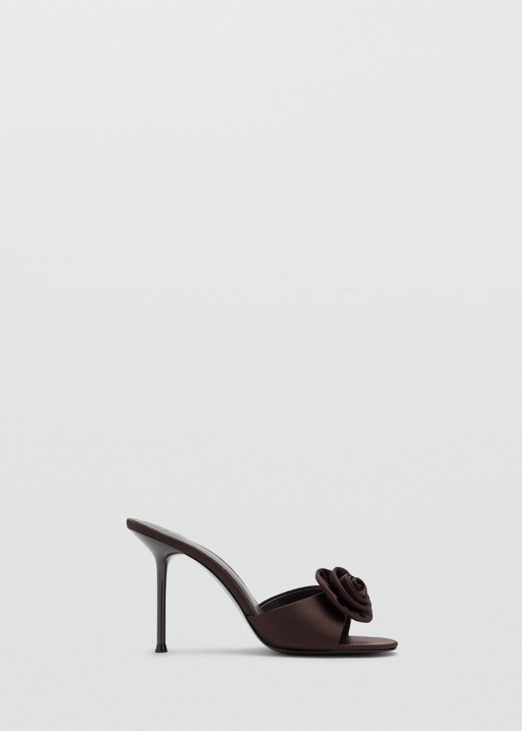 Brown satin high-heel sandals with a fabric rosette detail.