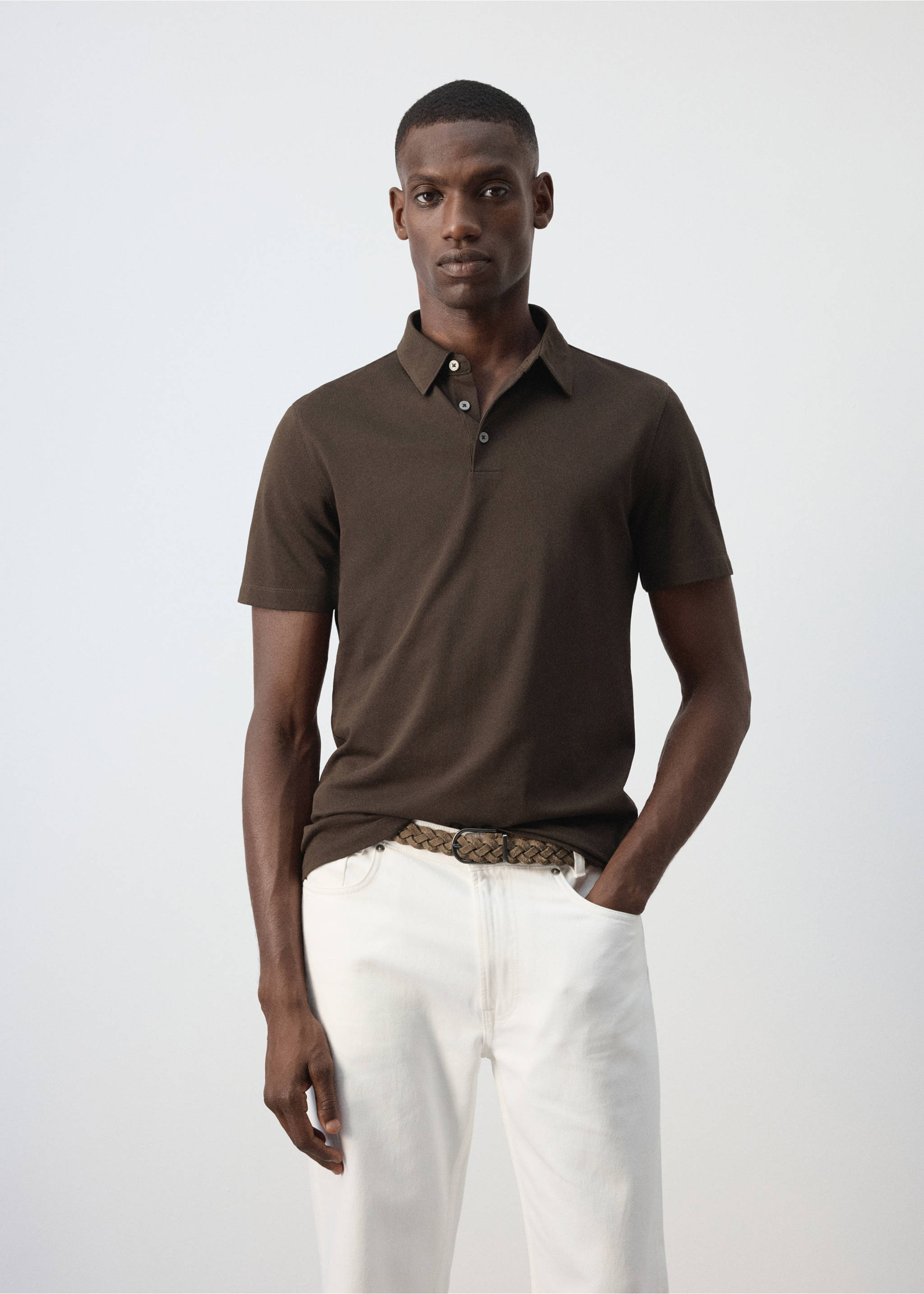 Regular-fit cotton blend polo - Medium plane, Chocolate. Ref: 37057790-00.