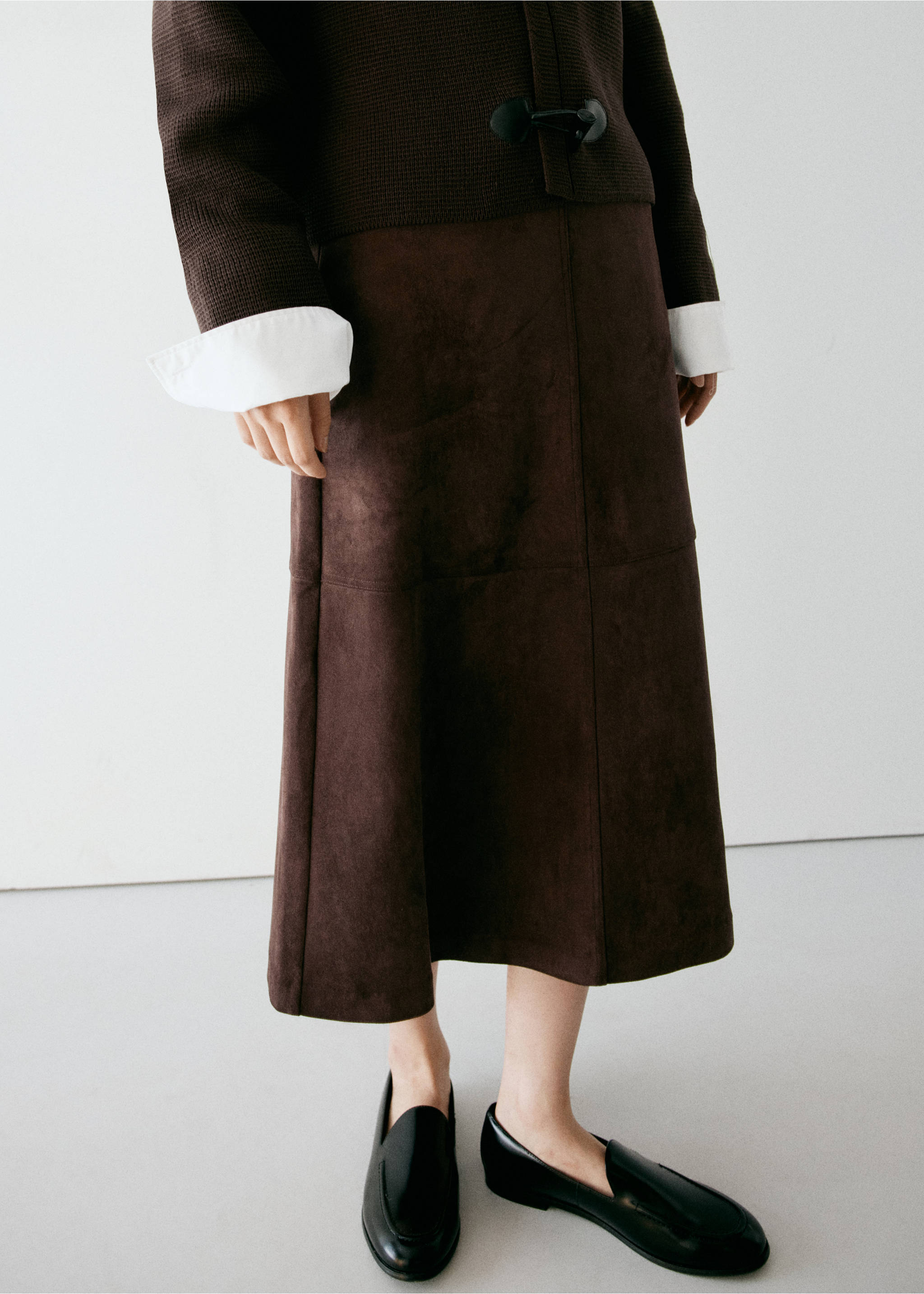Faux-suede midi skirt - Medium plane, Chocolate. Ref: 37057794-00.