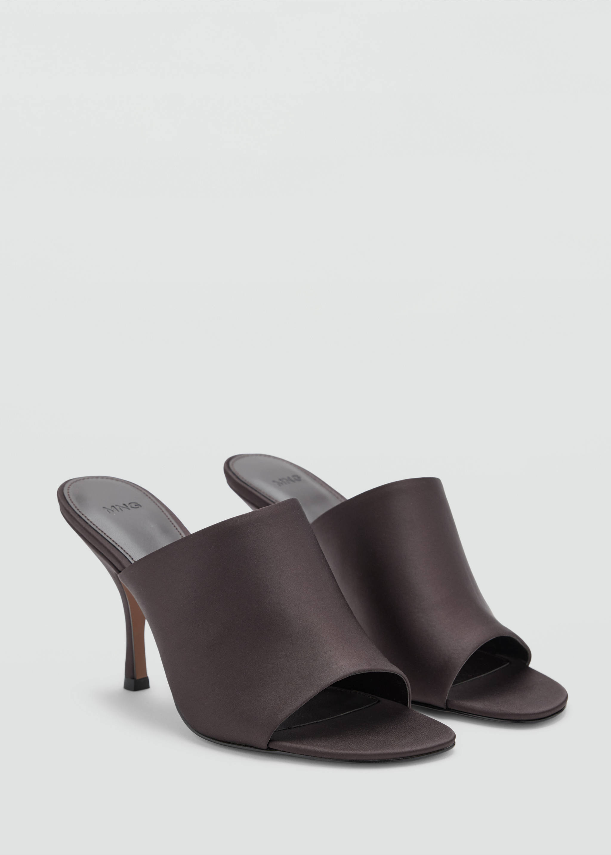 Dark brown satin heeled sandals in a three-quarter view with an open toe and stiletto heel., Chocolate. Ref: 37057796-00.