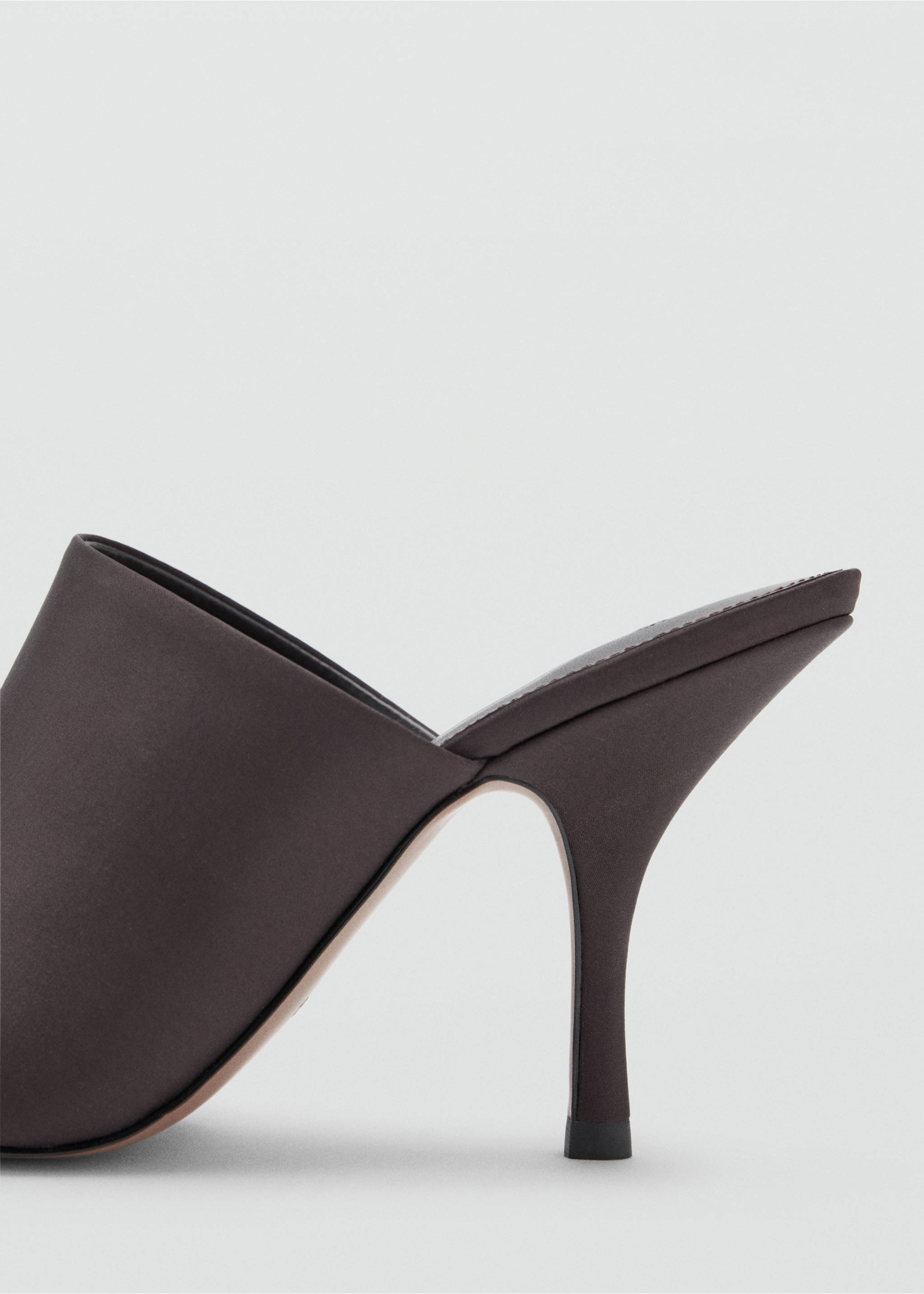 Close-up of a dark brown satin stiletto sandal with a pointed toe., Chocolate. Ref: 37057796-00.