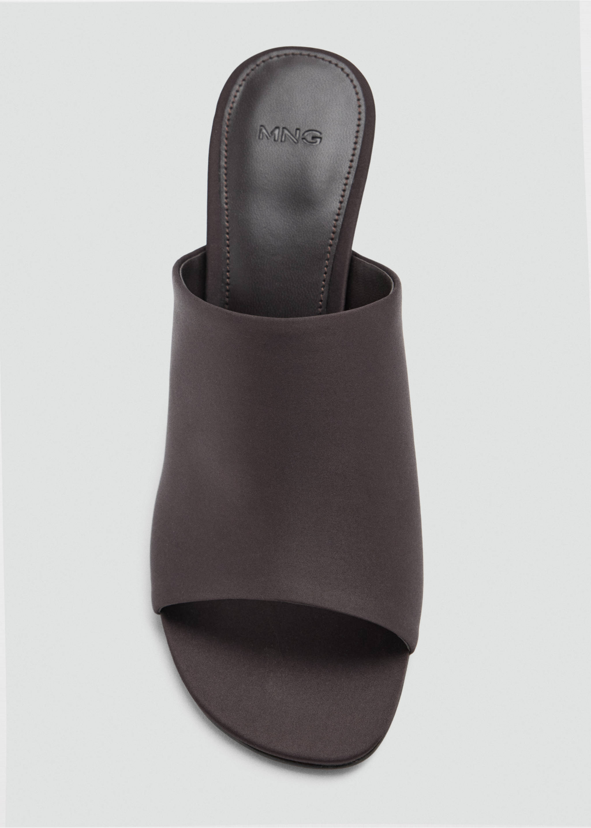Dark brown heeled mule sandal with a wide upper strap and open toe., Chocolate. Ref: 37057796-00.